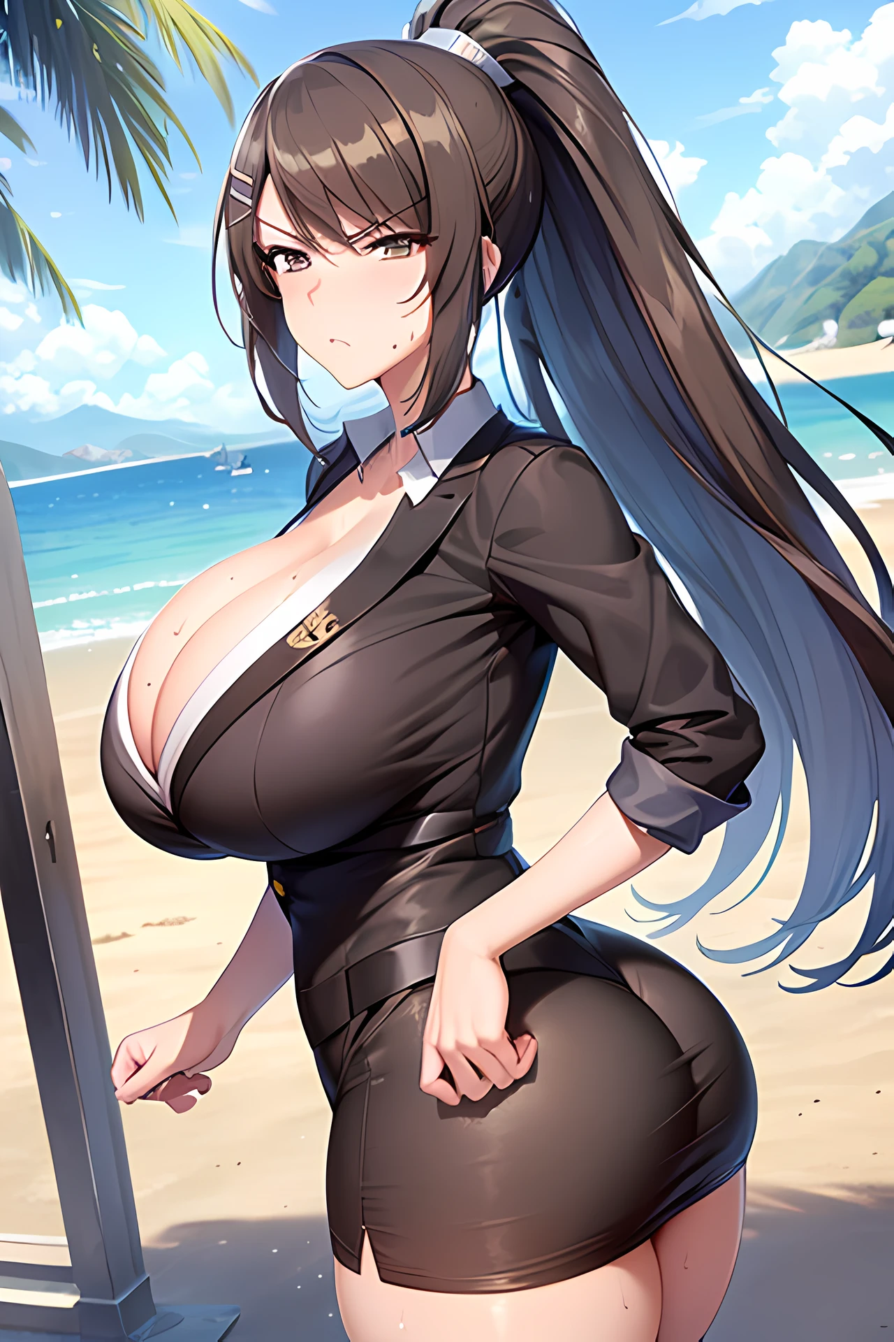 photo of chibashara sae, high ponytail, with large breasts and a huge ass and wearing nurse outfit doing squats on a beach with sunny weather, (muscular with abs), (light skin), (sweating) ,(beautiful scenery),(perfect face), masterpiece, blush, 1girl, solo, (disgruntled expression:1.2), smooth anime cg art. (breast squeeze:1.2),