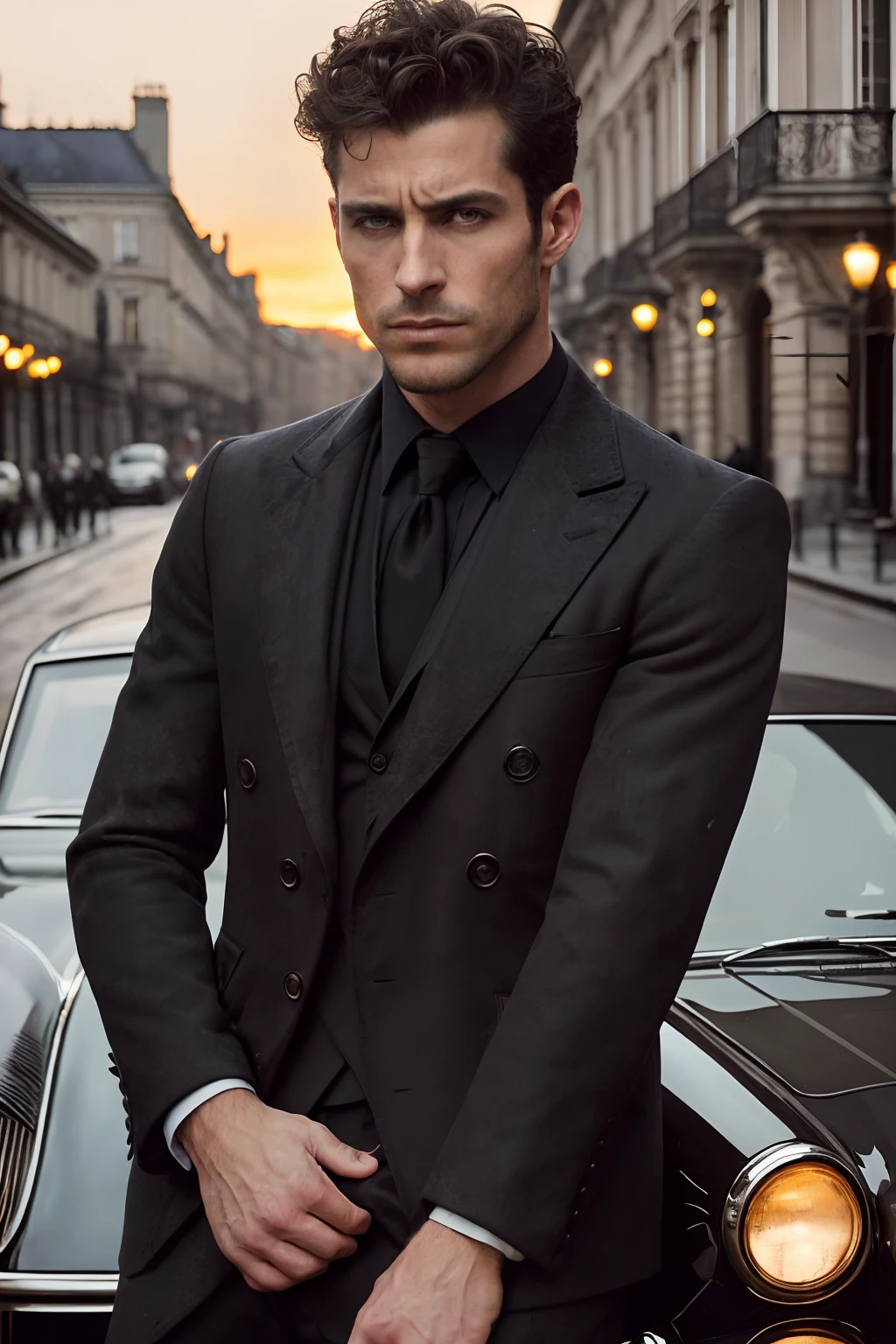 corps entier, Photo photo Wide angle close-up portrait of the body of a handsome man , Grand et en forme, (40 ans:1.1), (shaven:1.2) , (curly short brown hair:1.2). Dark brown tight velvet suit, (La veste a des motifs de fleurs noires:1.2). (posing outside the mansion with a luxury car:1.1), crowded street with cafes in the distance, Cold and dark sunset at dusk, (Edge Light:1.1),(Concentrez-vous sur les yeux), (angry look), (hard light on the skin:1.2), (ombres dures, dark themed, Contraste profond:1.1), (photographie de portrait par Annie Liebovitz), Dark mint theme and choral aesthetics, (skin imperfections)