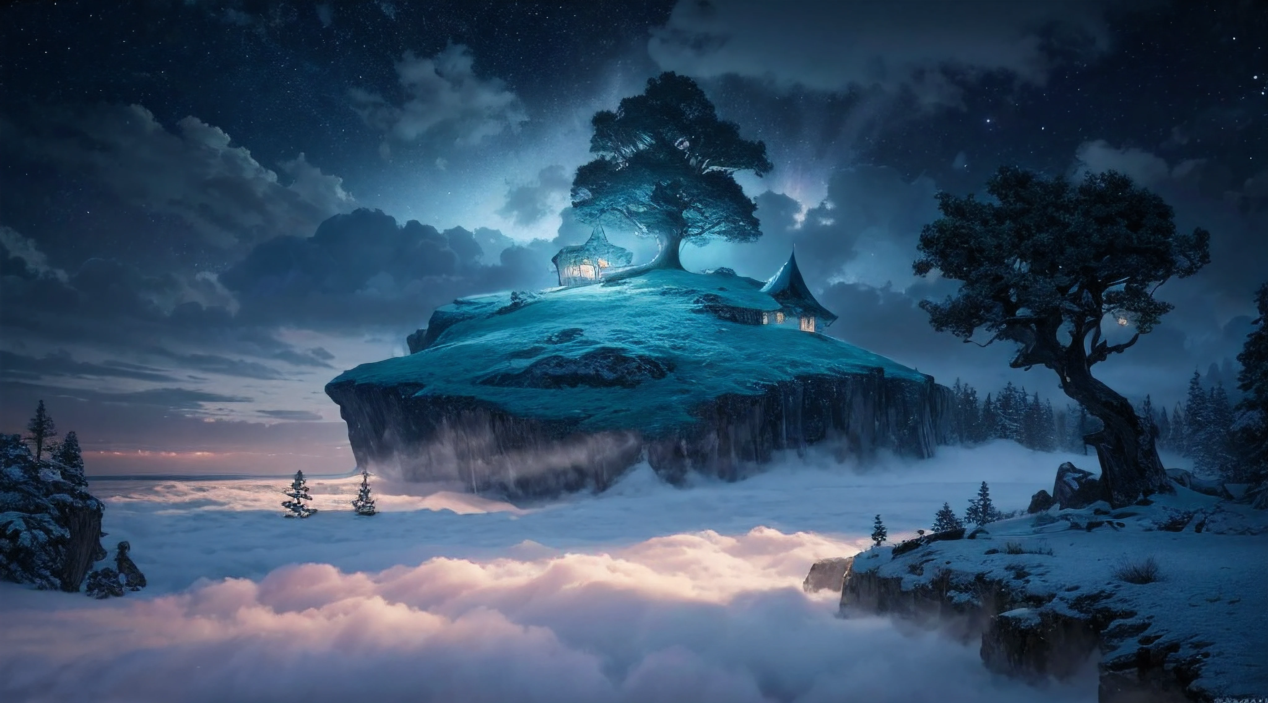 the island flying in the clouds, (best quality, 4k, 8k, highest, masterpiece:1.2), ultra-detailed, (realistic, photorealistic, photo-realistic:1.37), dramatic lighting, dreamy color tones, vivid colors, fluffy white clouds, shimmering stars, enchanting atmosphere, whimsical style, ethereal human figure, majestic tree, cozy cottage, magical ambience, moonlit glow, tranquil night scene, mystical elements