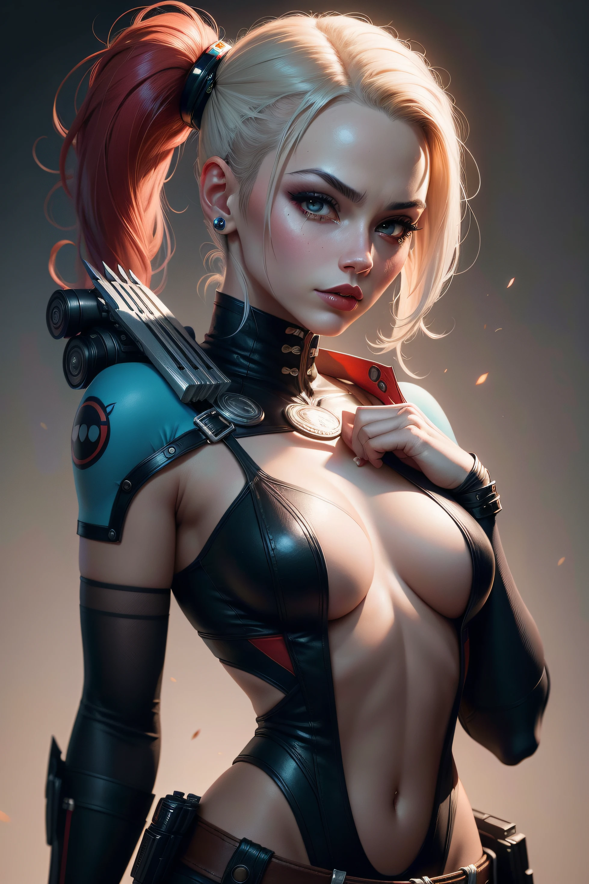 Harley Quinn with gunshot on her head and a knife in her hand, style ivan talavera and artgerm, inspired by Ray Caesar, karol bak uhd, beautiful digital artwork, in style of artgerm, stunning digital illustration, fantasy art behance, style artgerm, render of april, in the style artgerm 64k Canon EOS 5D Mark IV DSLR camera, using an EF 24-70mm f/2.8L II USM lens