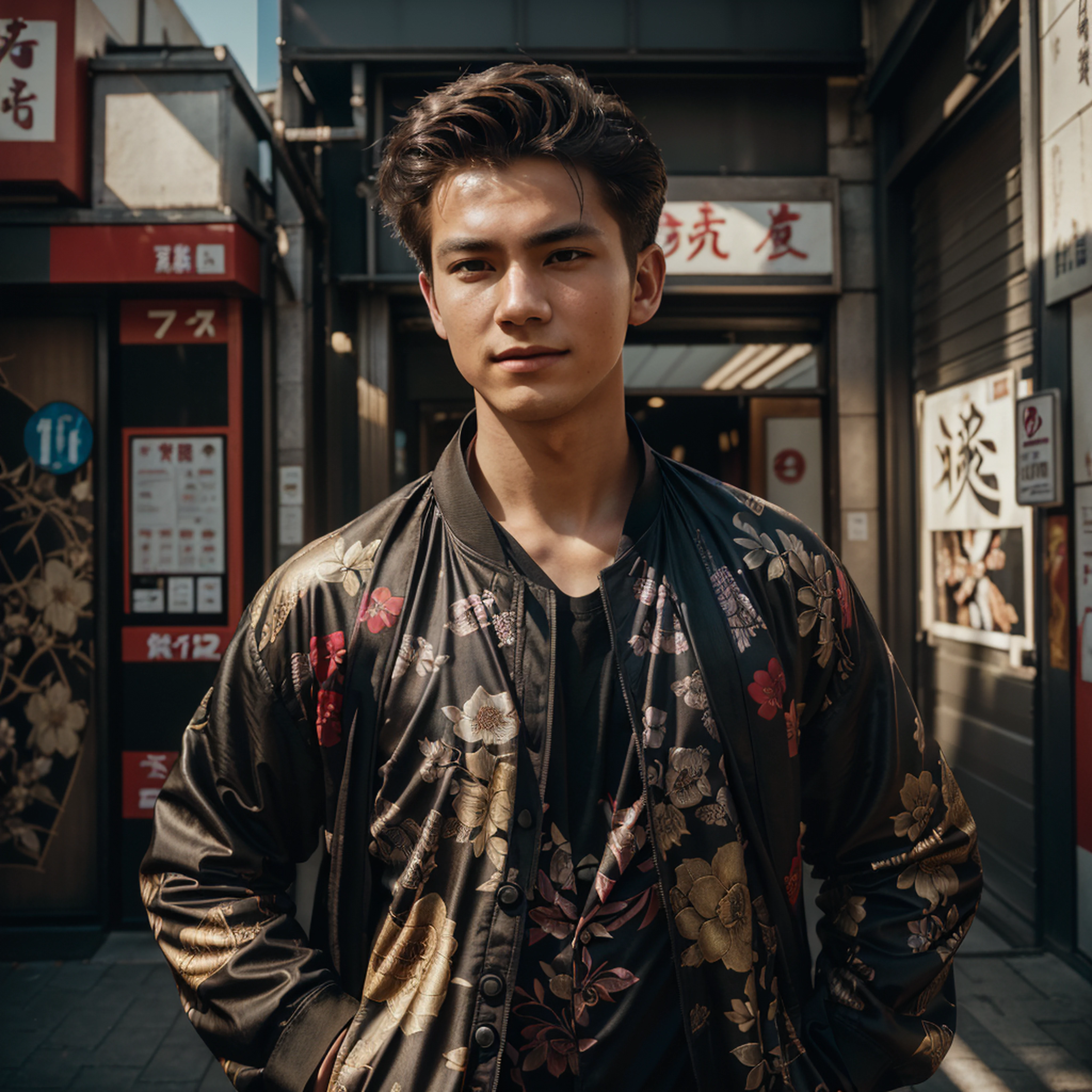 (urban photography:1.2), (film grain:1.2), (candid pedestrian photograph:1.1), (tom holland:0.75), (dynamic pose:1.1), (wearing modern Japanese urban fashion:1.1), (red flower pattern jacket:1.2), (his clothes adorned with intricate oriental designs:1.1), (calm expression), (Canon EOS R6 camera, perfect for capturing outdoor scenes:1.2), (paired with a Canon RF 24-70mm f/2.8L IS USM lens for versatile captures:1.2), (the play of light and shadow accentuating his form:1.1), (his expression accentuating the youthful urban fashion:1.1), (an image that captures the fusion of artistry, culture, and natural beauty:1.1)