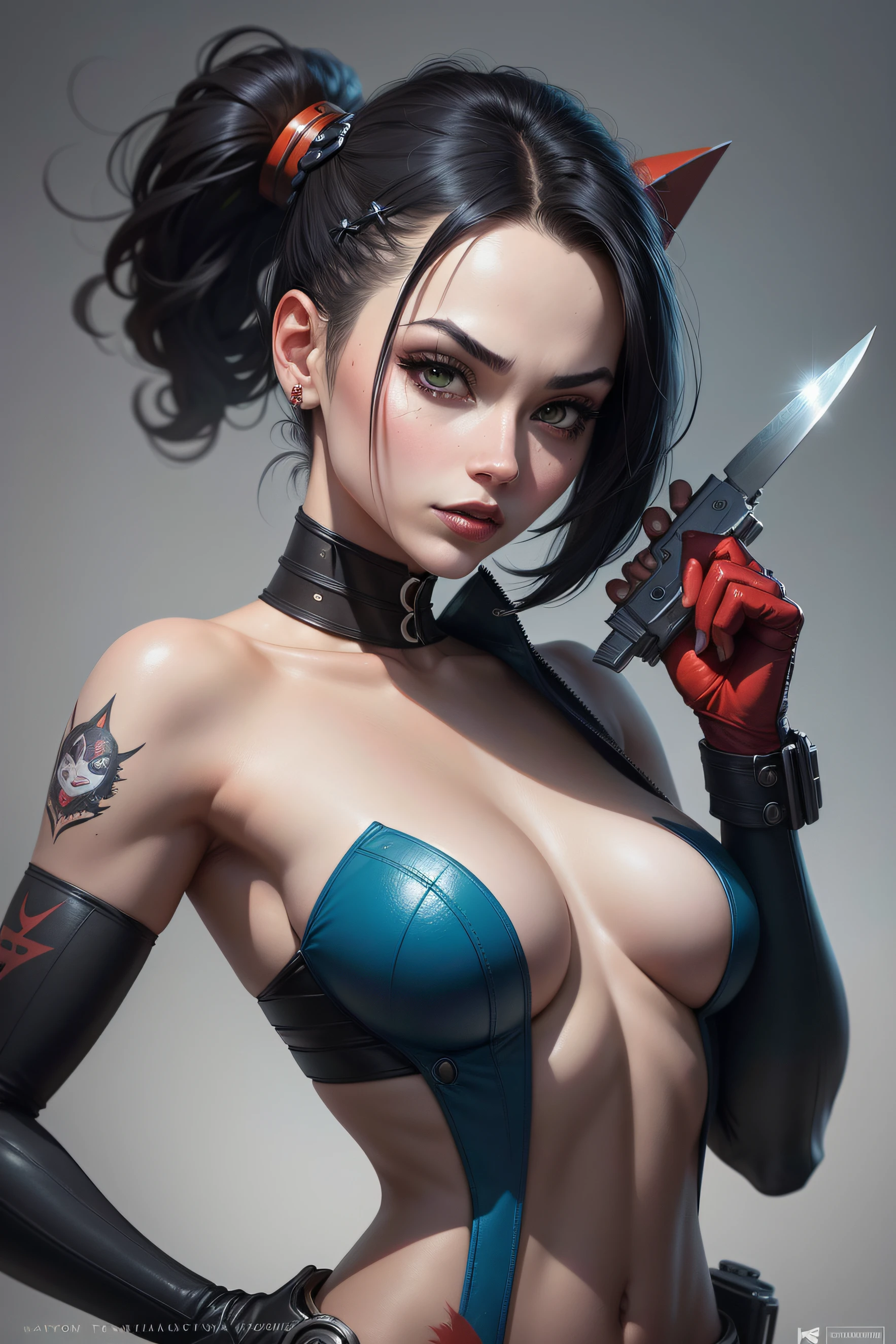 Harley Quinn with gunshot on her head and a knife in her hand, style ivan talavera and artgerm, inspired by Ray Caesar, karol bak uhd, beautiful digital artwork, in style of artgerm, stunning digital illustration, fantasy art behance, style artgerm, render of april, in the style artgerm 64k Canon EOS 5D Mark IV DSLR camera, using an EF 24-70mm f/2.8L II USM lens