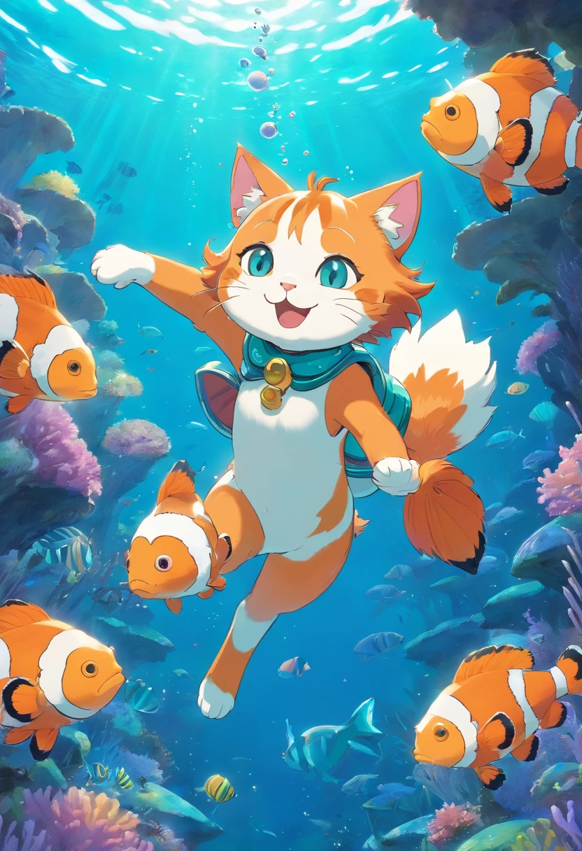 A cartoon cat with a sweet smile is diving,Dive under the turquoise seabed,Schools of clownfish swam around,Wear bikinis and fins,Stylized furry, by Ghibli Studio,