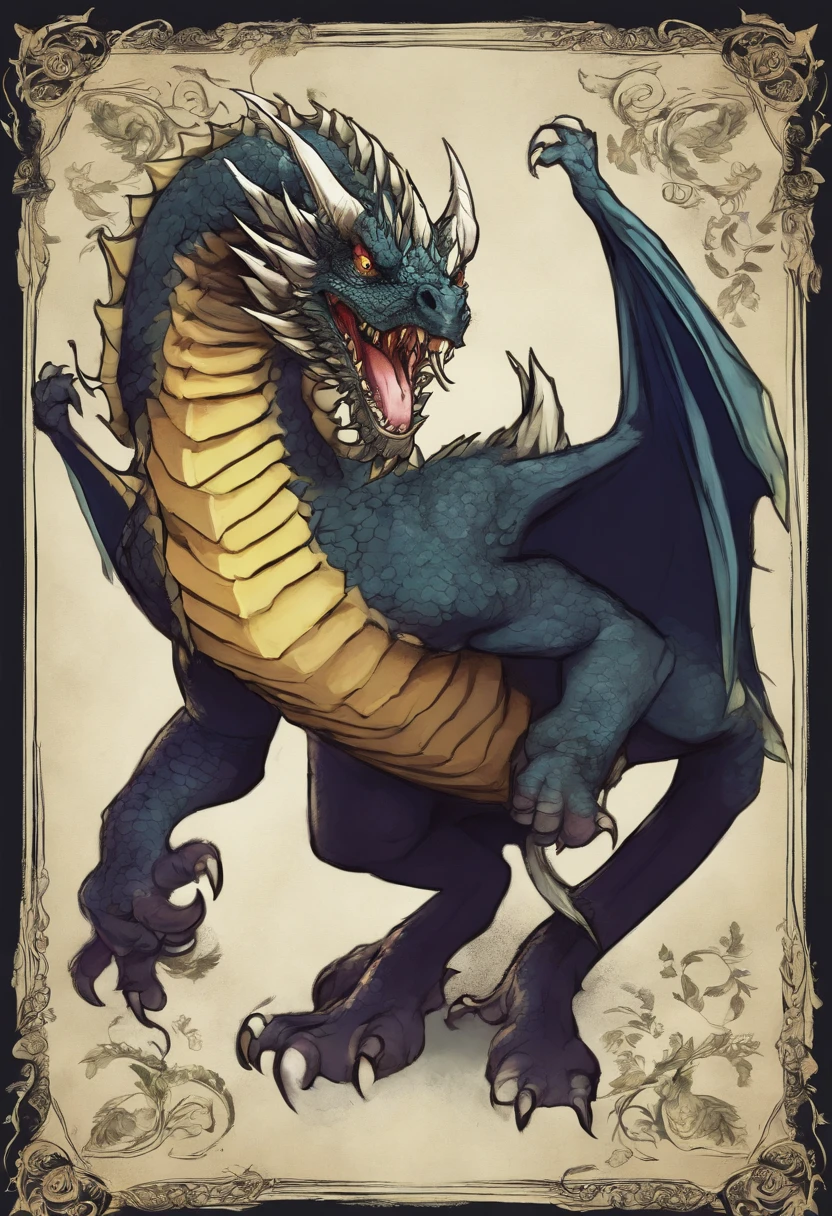Draw a black dragon with heterochromatic eyes, sendo um olho azul e o outro amarelo. Don't forget the large, elegant wings with white membranes and sharp white claws, com a ponta da cauda pontuda e branca. Make sure the dragon scales are detailed and distinct, giving it an imposing appearance, whose form is that of a more or less defined dragon. In a magical forest setting with tall, lush trees. Add details of moss and colorful flowers on the ground. Make sure the environment conveys a sense of mystery and magic.