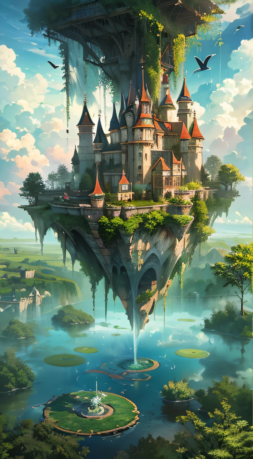 Upside Down World:2, (an artist's design of a floating Castle on the floating the land and Forest and Fountain in the air, above the A few clouds and thunderstorms)1.4, bird's-eye view, scenery, no humans, a fantastic magical world, (Best quality), (masterpiece:1.3), (photorealistic:1.36), (realistic), ultra-detailed,, detail background,