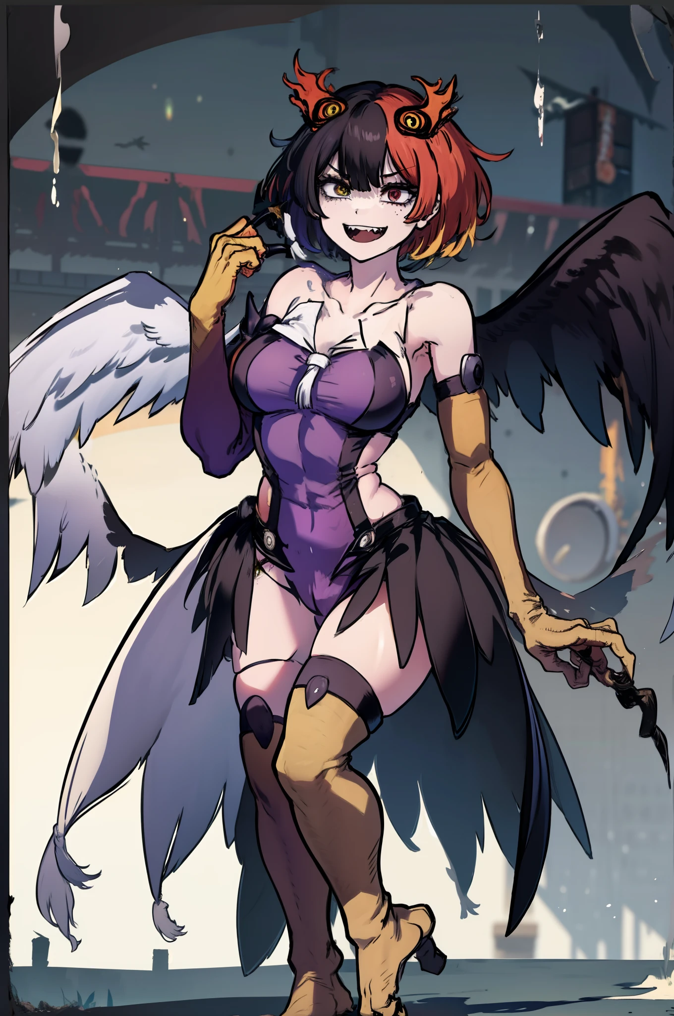 beautiful, masterpiece, best quality, 8K UHD, High definition, 1girl, portrait of a girl, solo, breasts, looking at viewer, smile, short hair, open mouth, bangs, medium breasts,, black hair, white hair, red eyes, yellow eyes, navel, tail, , (multicolored hair), wings, teeth, grin, ((two-tone hair)), pubic hair, ((heterochromia)), female pubic hair, feathers, sharp teeth, monster girl, head wings, feathered wings, ((claws)), black wings, @_@, (((split-color hair))), bird tail, harpy, winged arms, talons, tail feathers, ((flying)), (((night))), (rain), ((in a clocktower)), (background gears), straw on the ground, (JubJubBlackSouls), blacksouls, black souls, (sketch), (jaggy lines), outfit-me purple leotard purple thighhighs cape wand kaleidostick, full body, feet, levitating