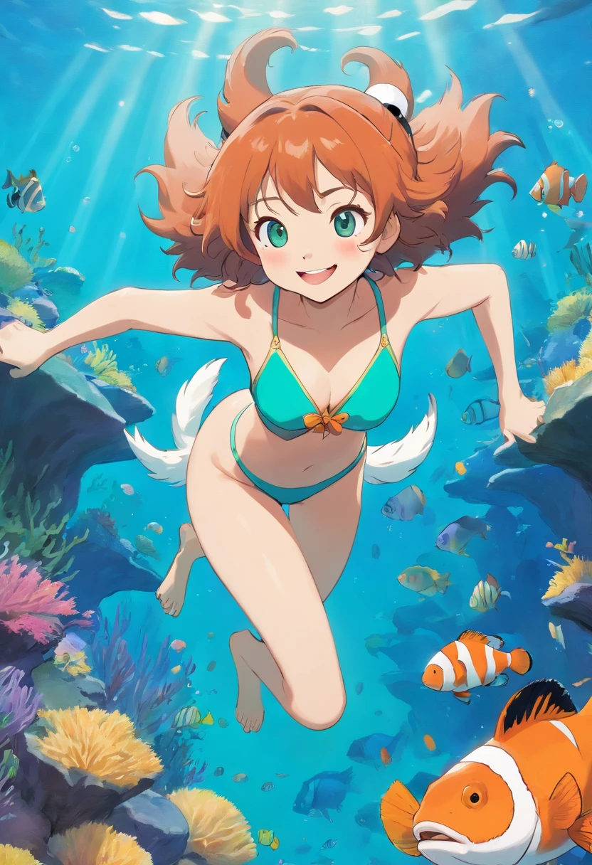 A cartoon cat with a sweet smile is diving，Dive into the turquoise seabed，Schools of clownfish swim around，Wear bikinis and fins，Stylized furry, by Ghibli Studio,