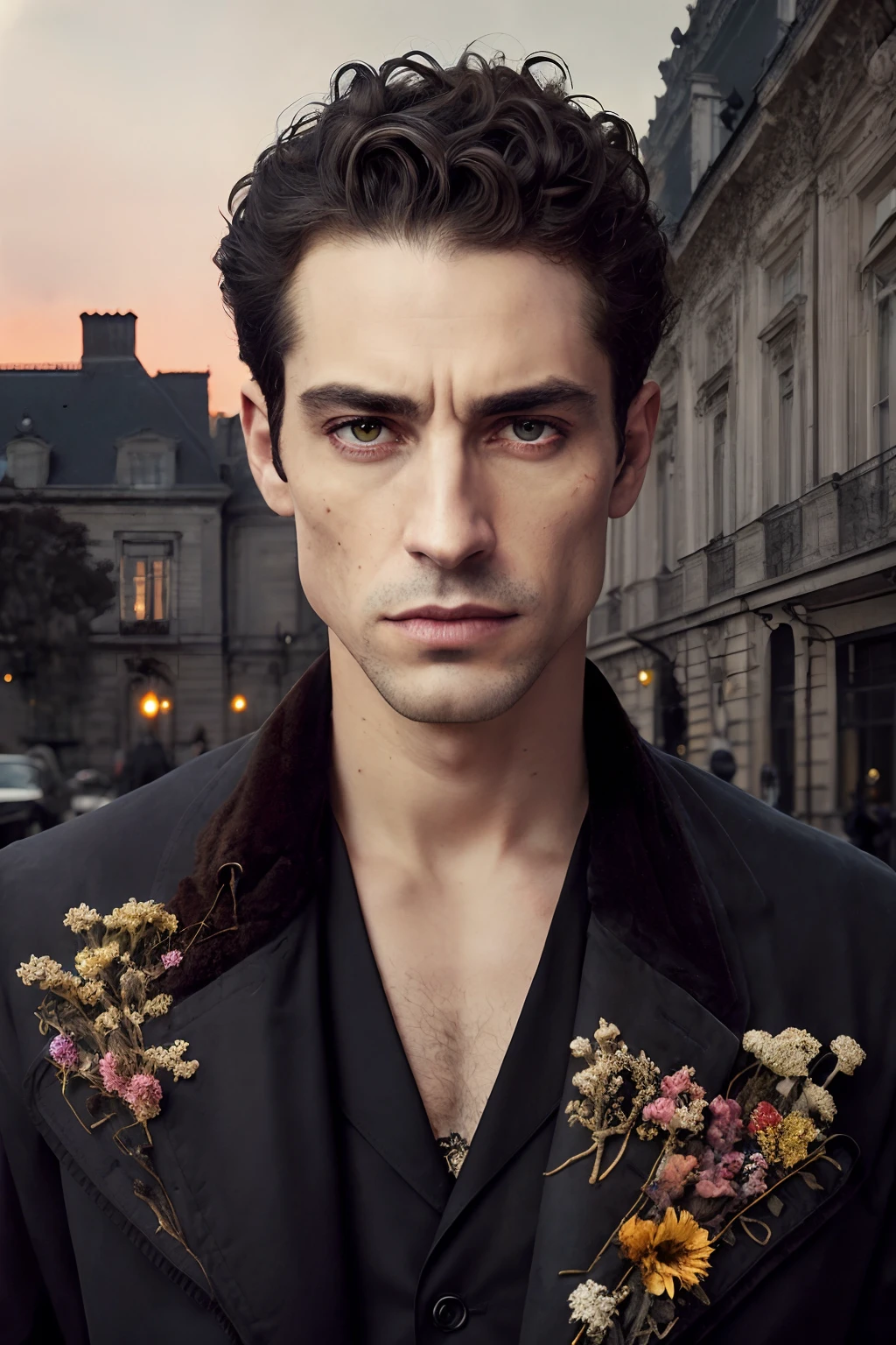 corps entier, Photo photo Wide angle close-up portrait of the body of a handsome man , Grand et en forme, (40 ans:1.1), (shaven:1.2) , (curly short brown hair:1.2). Dark brown tight velvet suit, (La veste a des motifs de fleurs noires:1.2). (posing outside the mansion with a luxury car:1.1), crowded street with cafes in the distance, Cold and dark sunset at dusk, (Edge Light:1.1),(Concentrez-vous sur les yeux), (angry look), (hard light on the skin:1.2), (ombres dures, dark themed, Contraste profond:1.1), (photographie de portrait par Annie Liebovitz), Dark mint theme and choral aesthetics, (skin imperfections)