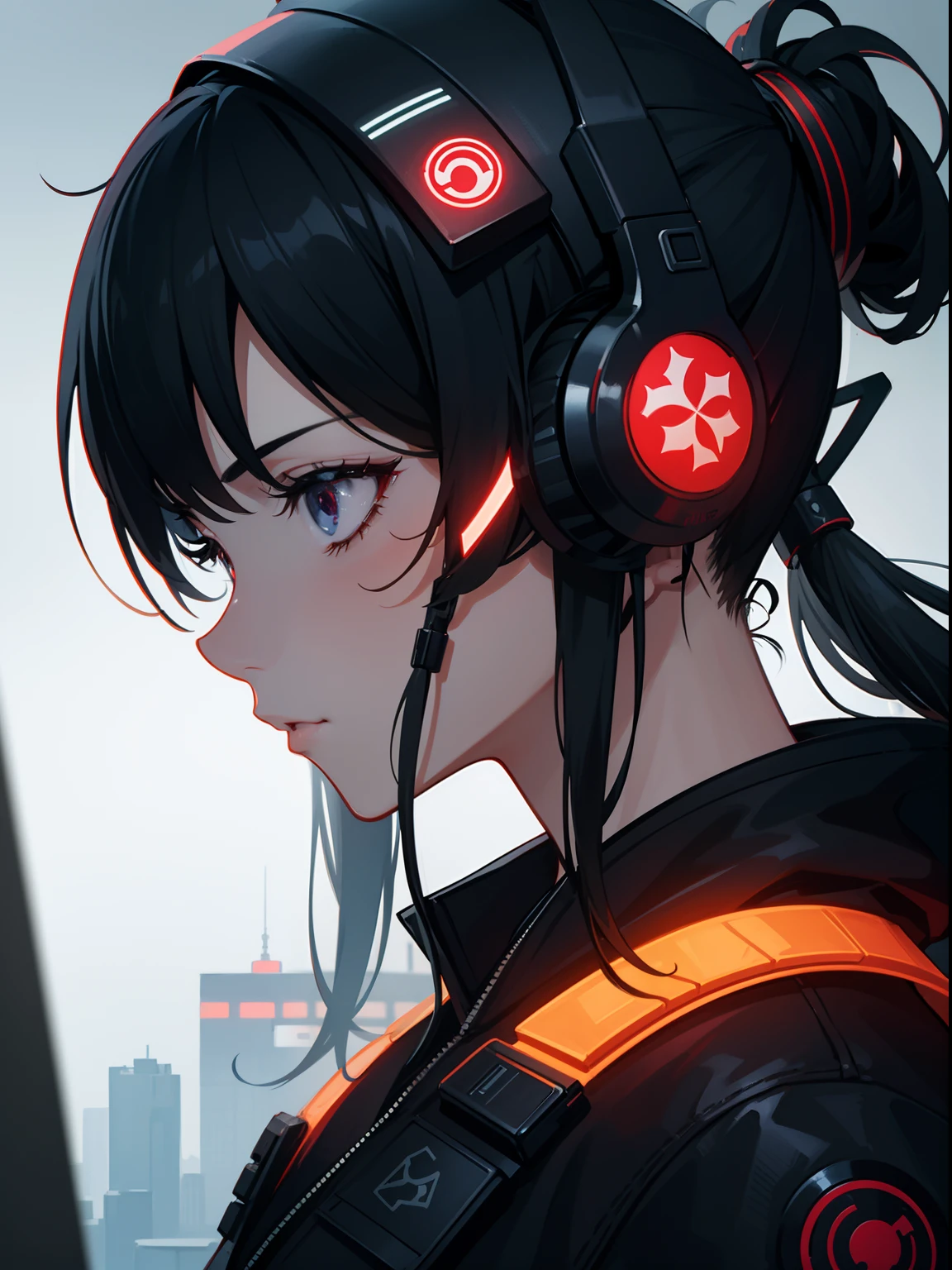 cyberpunk, illustration profile of red led female samurai in a mask, wearing over head headphones staring down, side view looking to the right, tokyo Japanese background, pro vector, high detail, vibrant, Japanese hologram symbols, barcode design, 4k, uhd, masterpiece