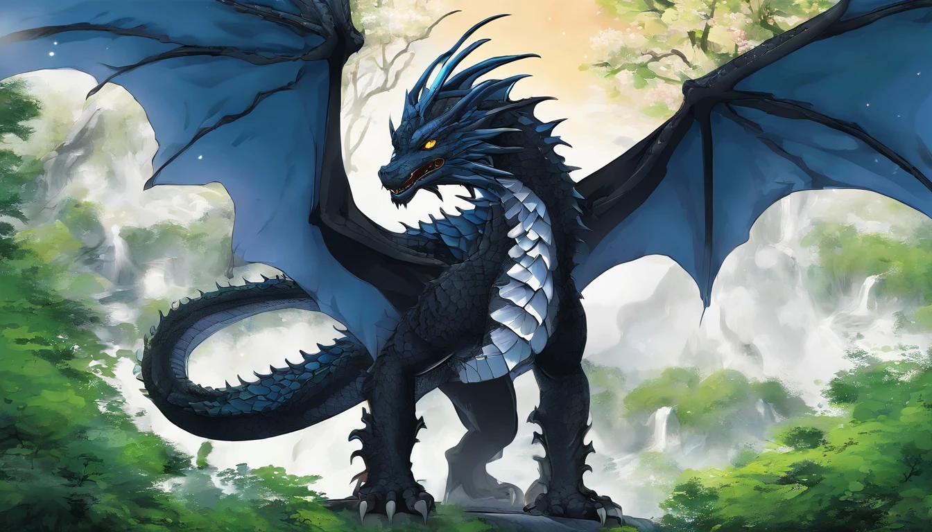 Draw a black dragon with heterochromatic eyes, sendo um olho azul e o outro amarelo. Don't forget the large, elegant wings with white membranes and sharp white claws, com a ponta da cauda pontuda e branca. Make sure the dragon scales are detailed and distinct, giving it an imposing appearance, whose form is that of a more or less defined dragon. In a magical forest setting with tall, lush trees. Add details of moss and colorful flowers on the ground. Make sure the environment conveys a sense of mystery and magic.