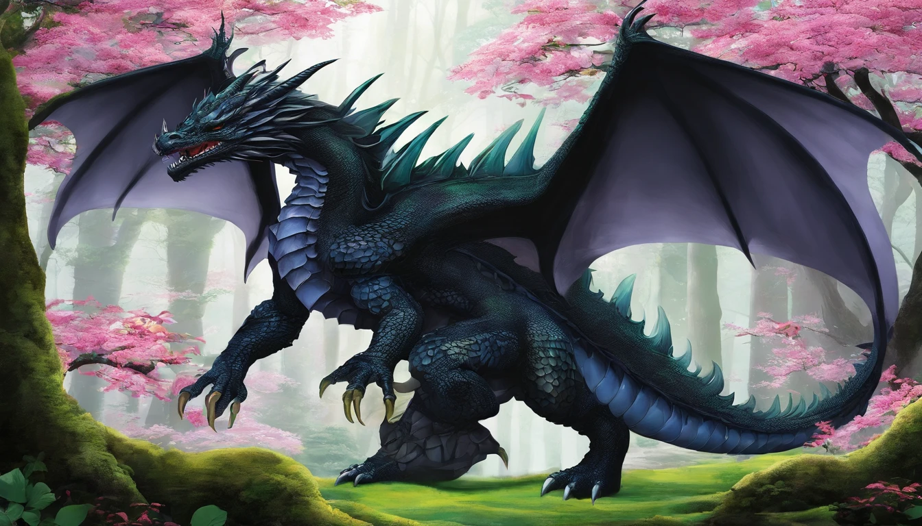 Draw a black dragon with heterochromatic eyes, sendo um olho azul e o outro amarelo. Don't forget the large, elegant wings with white membranes and sharp white claws, com a ponta da cauda pontuda e branca. Make sure the dragon scales are detailed and distinct, giving it an imposing appearance, whose form is that of a more or less defined dragon. In a magical forest setting with tall, lush trees. Add details of moss and colorful flowers on the ground. Make sure the environment conveys a sense of mystery and magic.