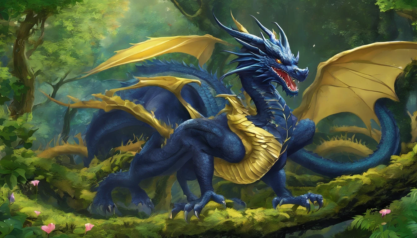 Draw a black dragon with heterochromatic eyes, sendo um olho azul e o outro amarelo. Don't forget the large, elegant wings with white membranes and sharp white claws, com a ponta da cauda pontuda e branca. Make sure the dragon scales are detailed and distinct, giving it an imposing appearance, whose form is that of a more or less defined dragon. In a magical forest setting with tall, lush trees. Add details of moss and colorful flowers on the ground. Make sure the environment conveys a sense of mystery and magic.