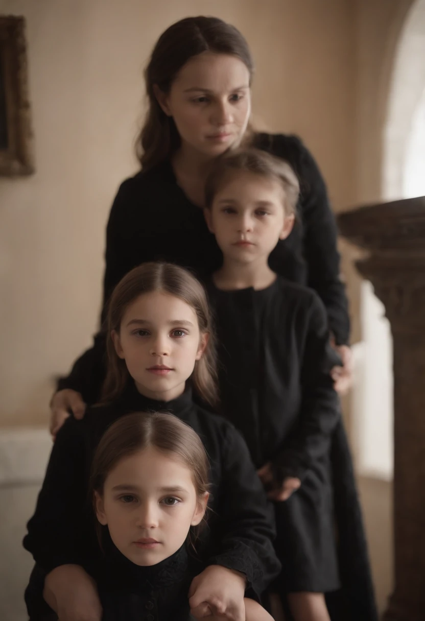 a woman at home sad with 3 children dressed all in black, brancos, casa pequena