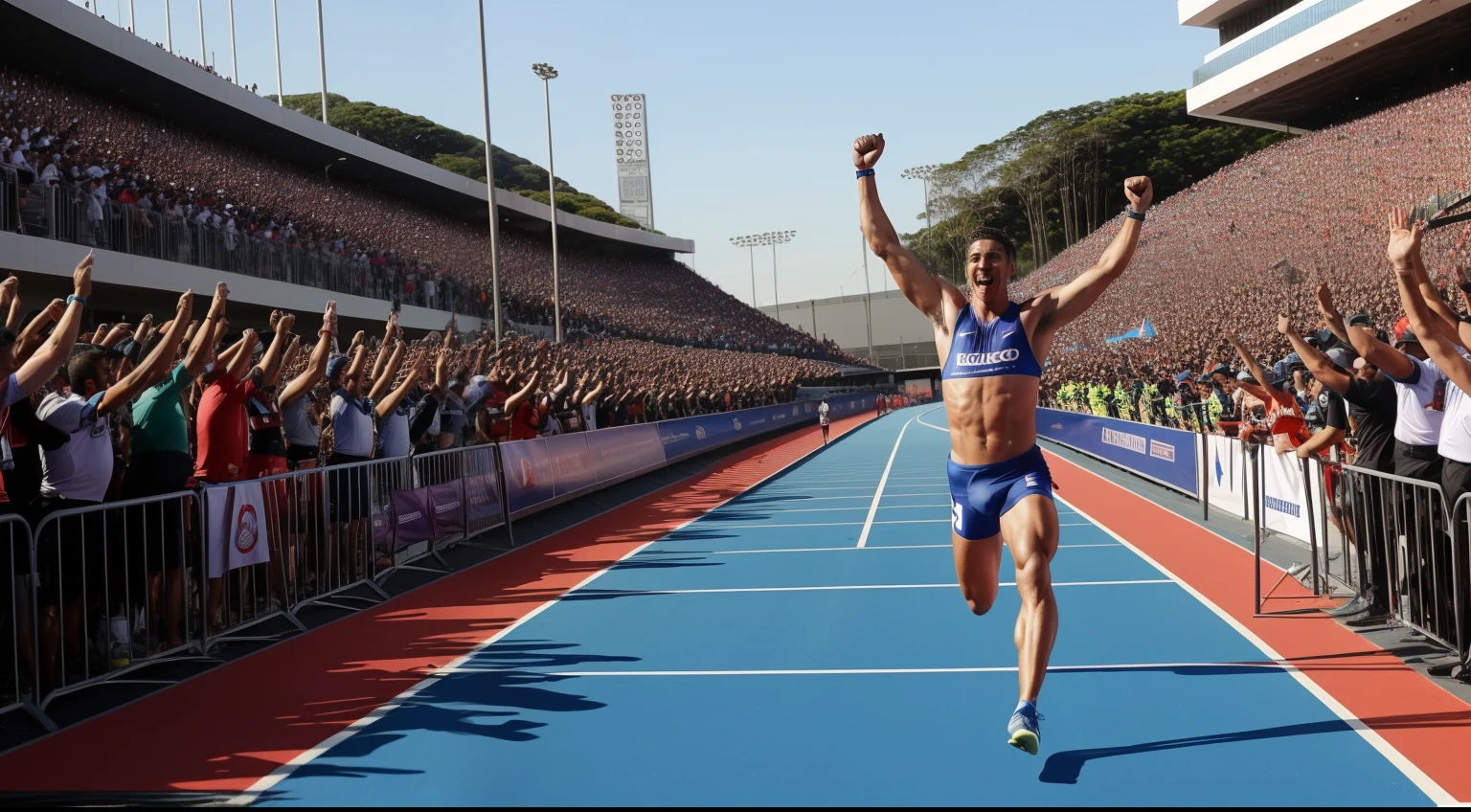 An image of an athlete crossing the finish line with his arms raised in victory, simbolizando a ideia de "Winning victories that surpass our wildest dreams" ao confiarmos no Senhor.