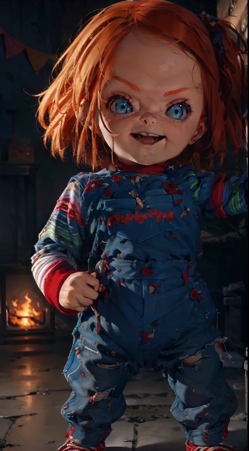 Chucky from Child's Play, holding a knife, in the dark, scary