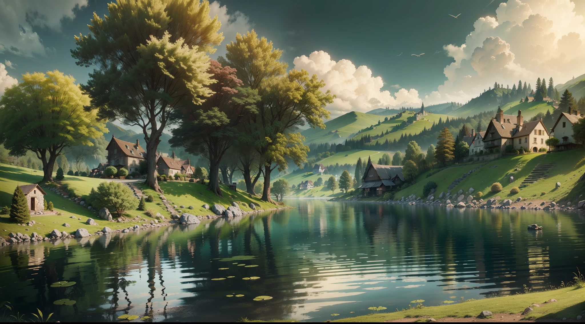 Lake, hills and centuries-old trees and a village. Realista, 4k