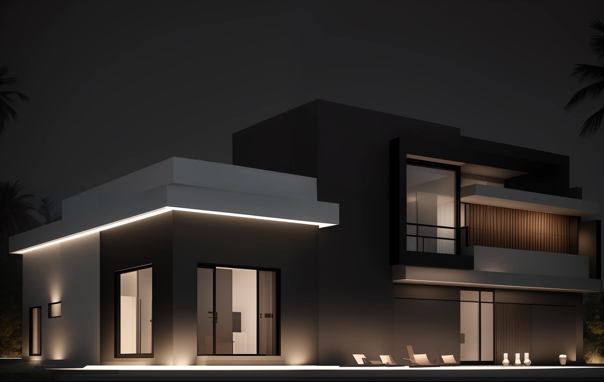 Arquitetura moderna minimalista, cor da casa em vigas marrom chocolate e preto, large modern residence, telhados planos, outside lighting, render luxcore, render oktane, a photorealistic rendering, architectural render, mantra rendering, architectural render, realism rendering, architectural visualisation, architectural visualisation, atmosfera com nuvens e sol