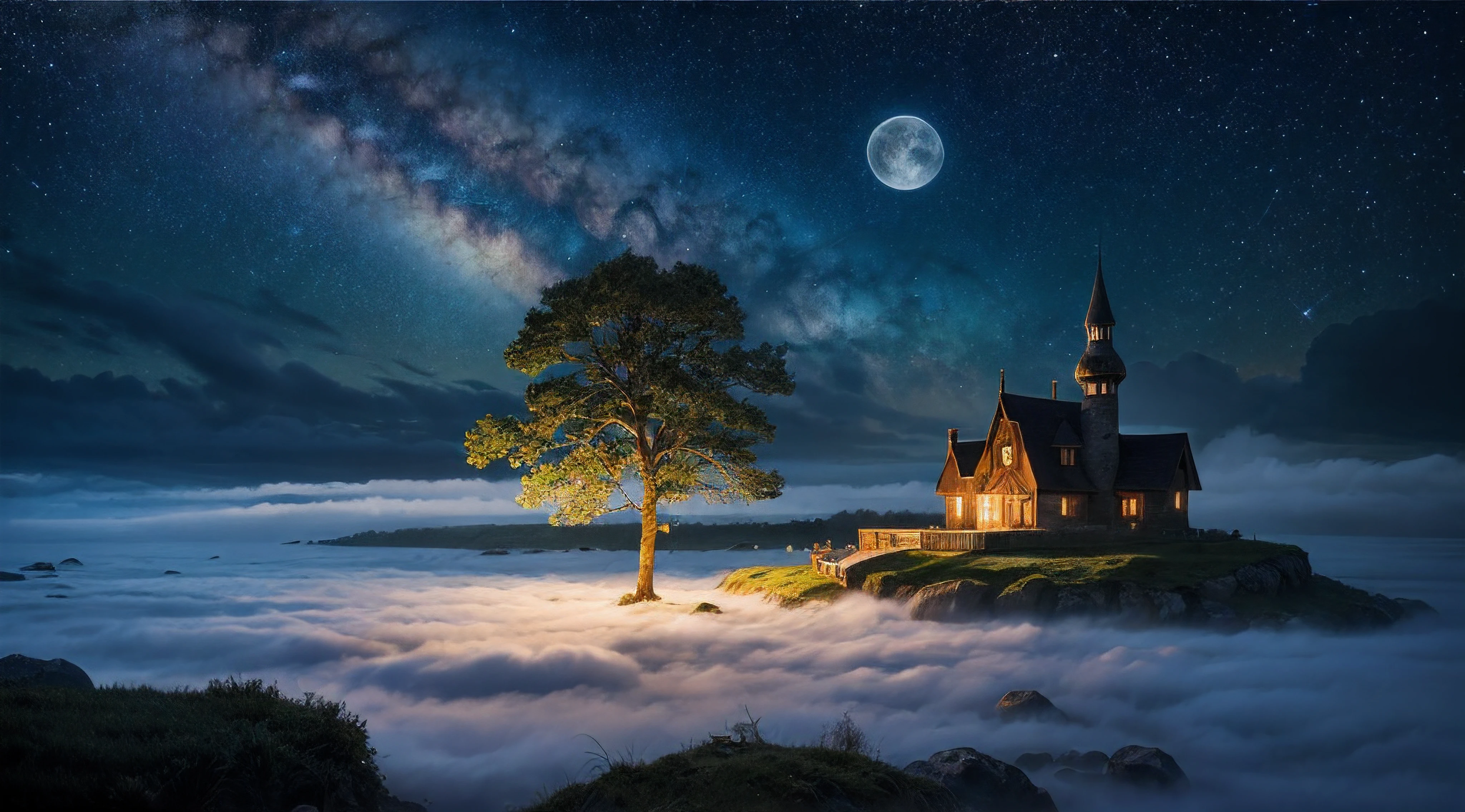 A lone tree stands on a cliff above the clouds and a church - SeaArt AI