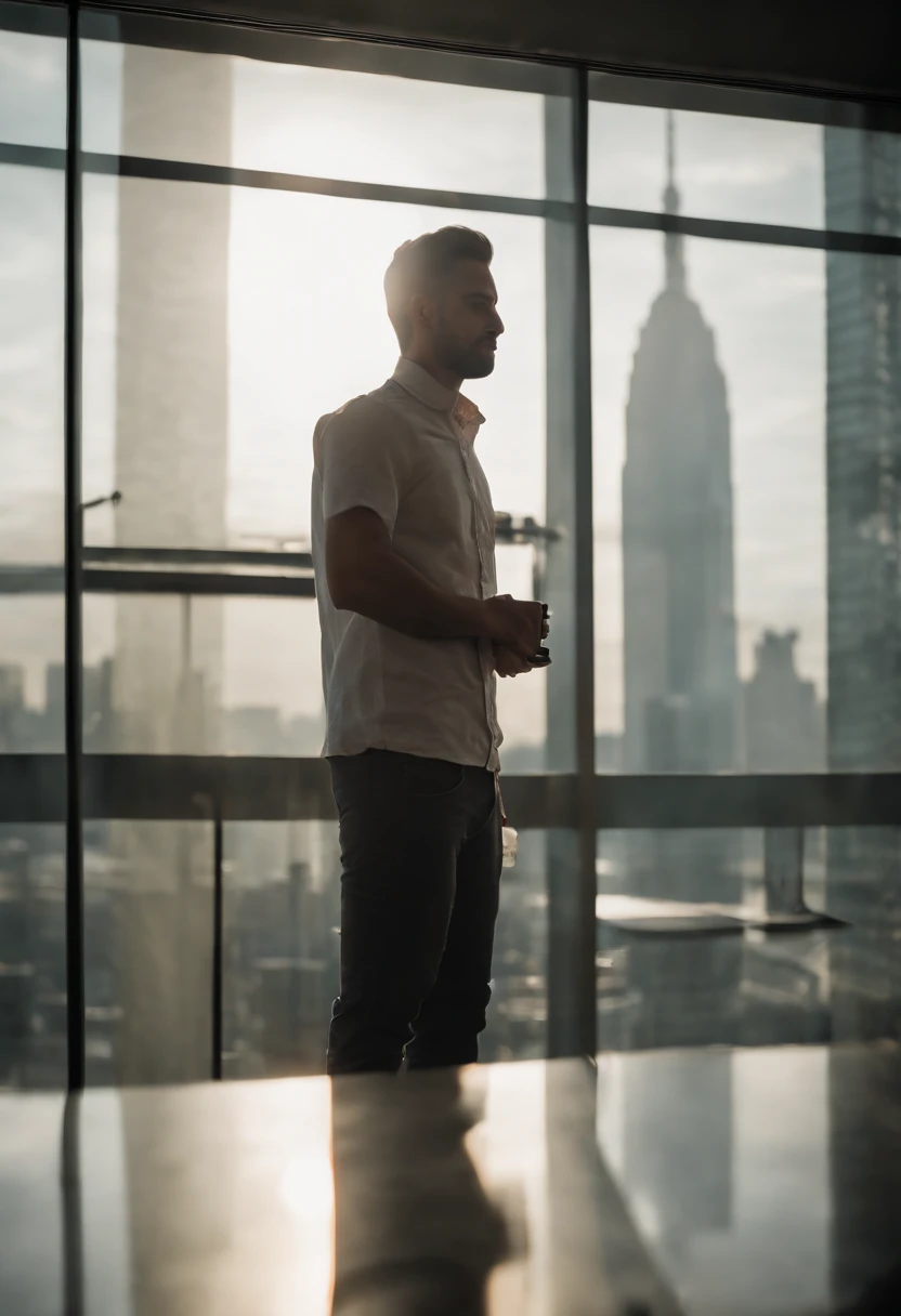 brewing coffee, Man looking out of the glass of a room a CITY in 2045 FOG, zoom out, Space ship, new world, color grading,