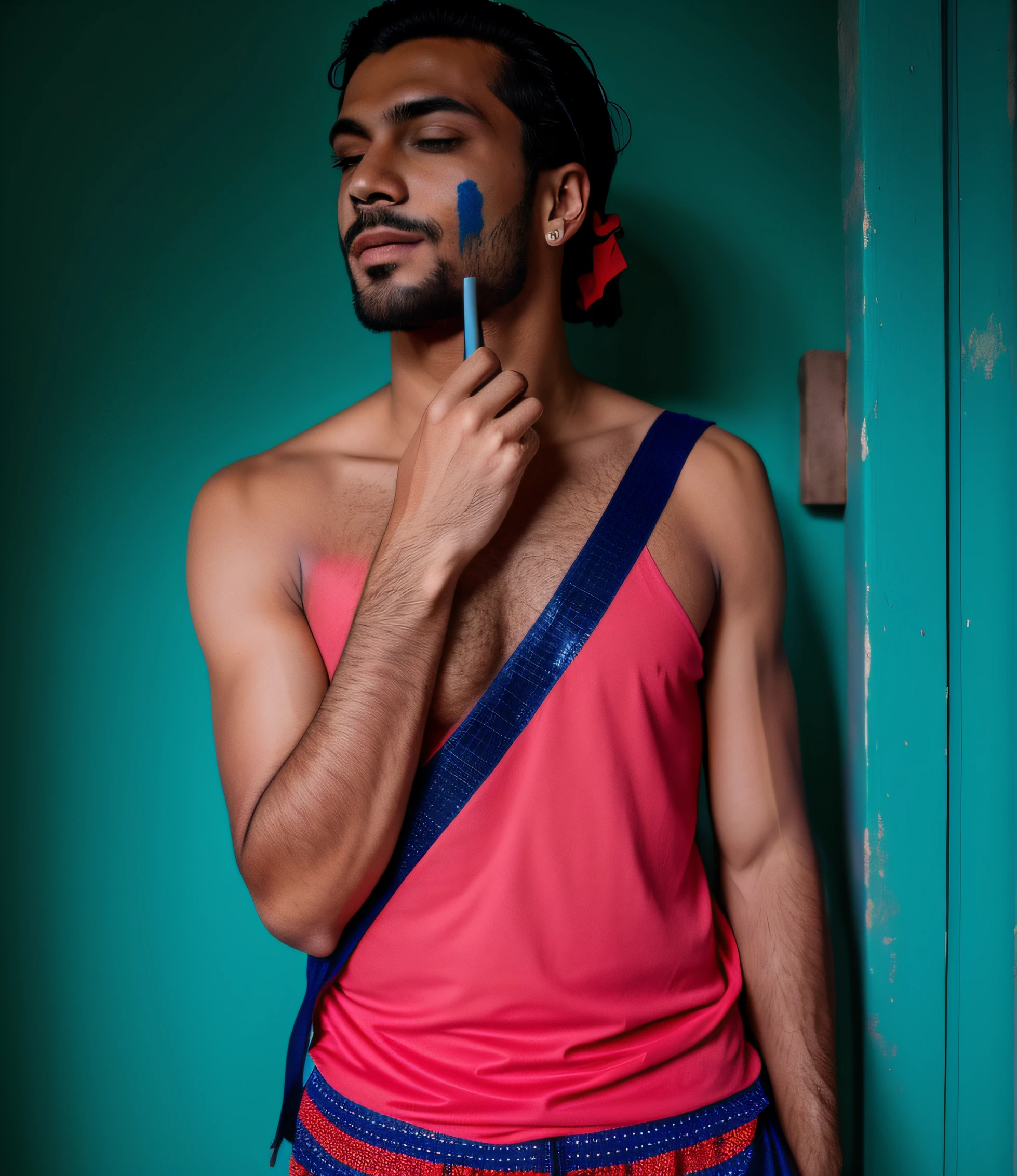 homem paredes suja com respingos de tintas vermelha, azul e amarelho, roupa suja de tinta vermelha.