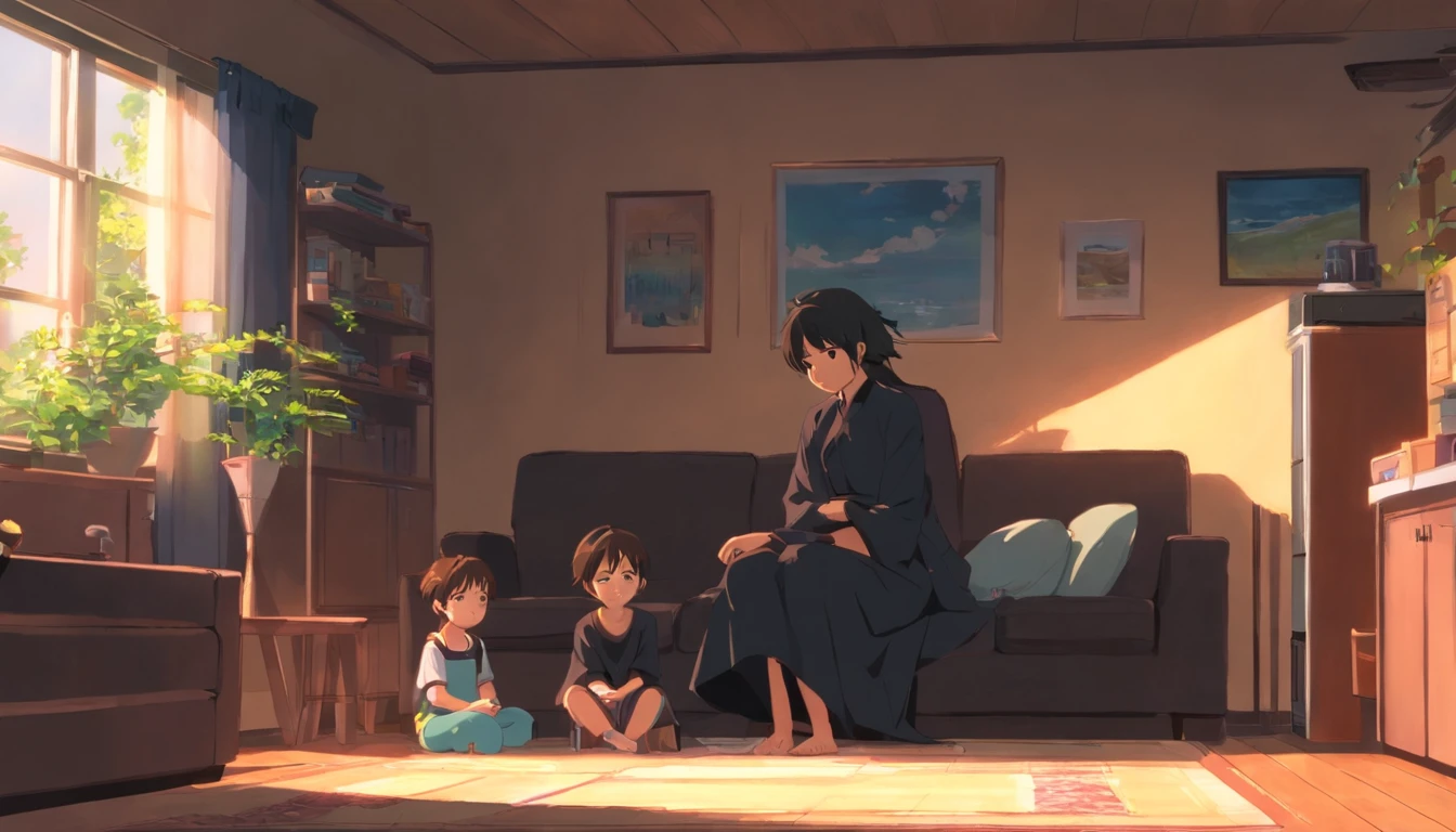 a woman at home sad with 3 children dressed all in black, brancos