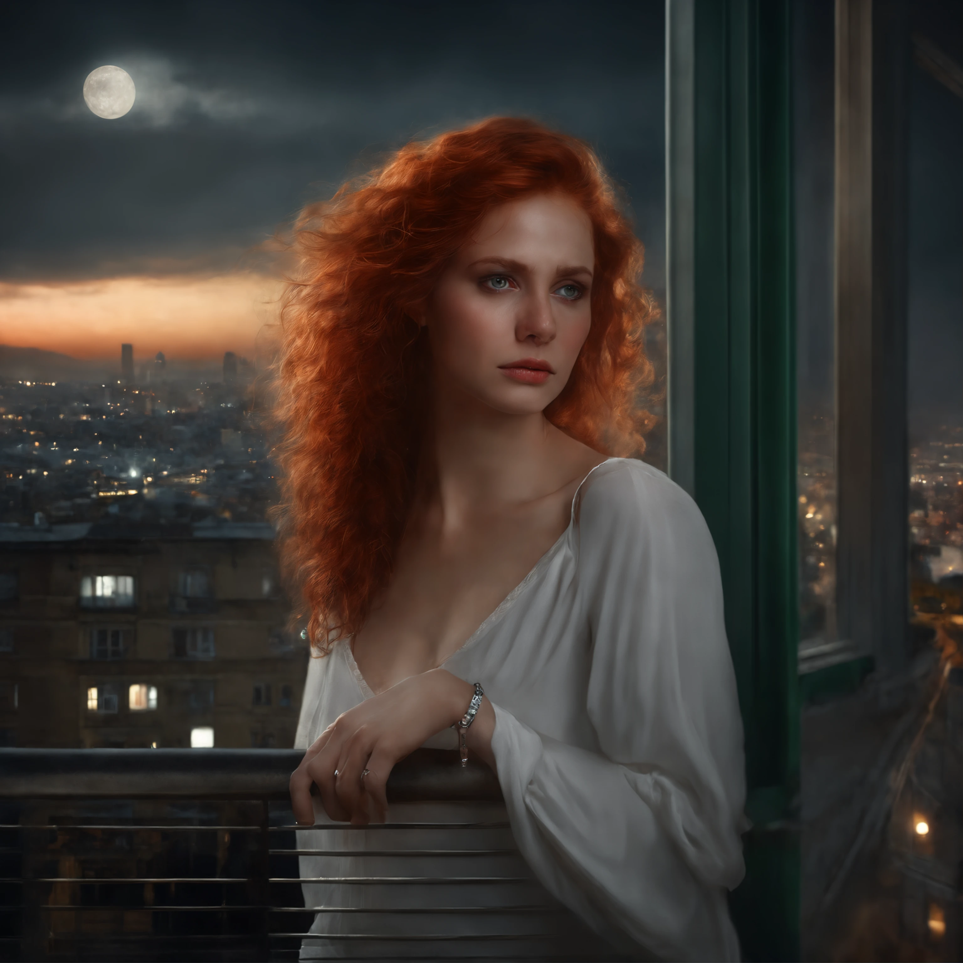 life-like realistic portrait of a beautiful sad girl with green eyes , curly red hair, white skin, feeling sadly with tears in her eyes, a black bracelet on her hand ,full body, standing on roof of a high apartment with a view of a big city, a light breeze, (((late at night))) ,dark sky, hyper resolution, extremely detailed , (beautiful eyes)