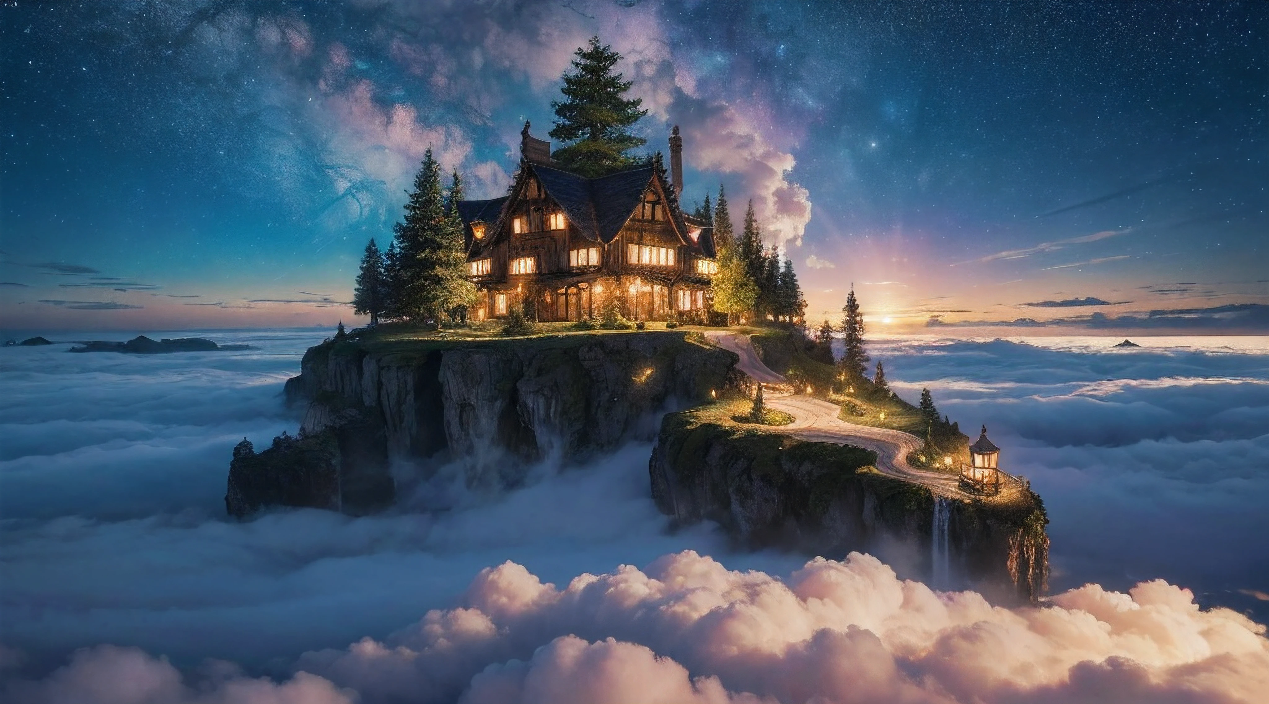 the island flying in the clouds, (best quality, 4k, 8k, highest, masterpiece:1.2), ultra-detailed, (realistic, photorealistic, photo-realistic:1.37), dramatic lighting, dreamy color tones, vivid colors, fluffy white clouds, shimmering stars, enchanting atmosphere, whimsical style, ethereal human figure, majestic tree, cozy cottage, magical ambience, moonlit glow, tranquil night scene, mystical elements
