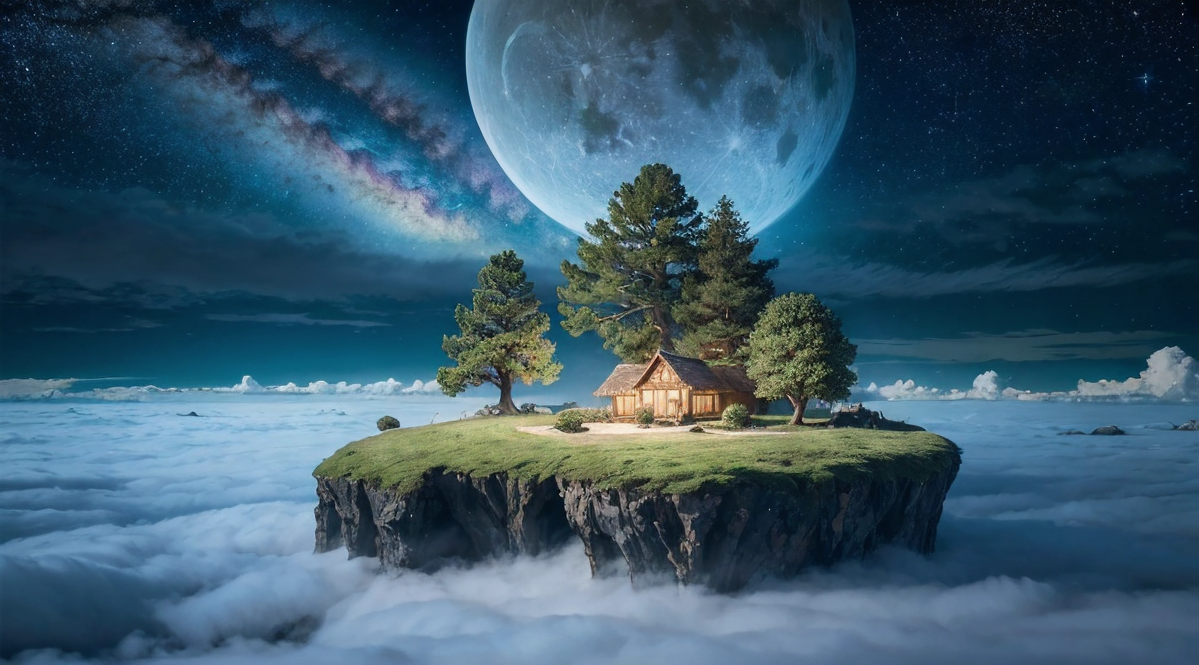 the island flying in the clouds, (best quality, 4k, 8k, highest, masterpiece:1.2), ultra-detailed, (realistic, photorealistic, photo-realistic:1.37), dramatic lighting, dreamy color tones, vivid colors, fluffy white clouds, shimmering stars, enchanting atmosphere, whimsical style, ethereal human figure, majestic tree, cozy cottage, magical ambience, moonlit glow, tranquil night scene, mystical elements