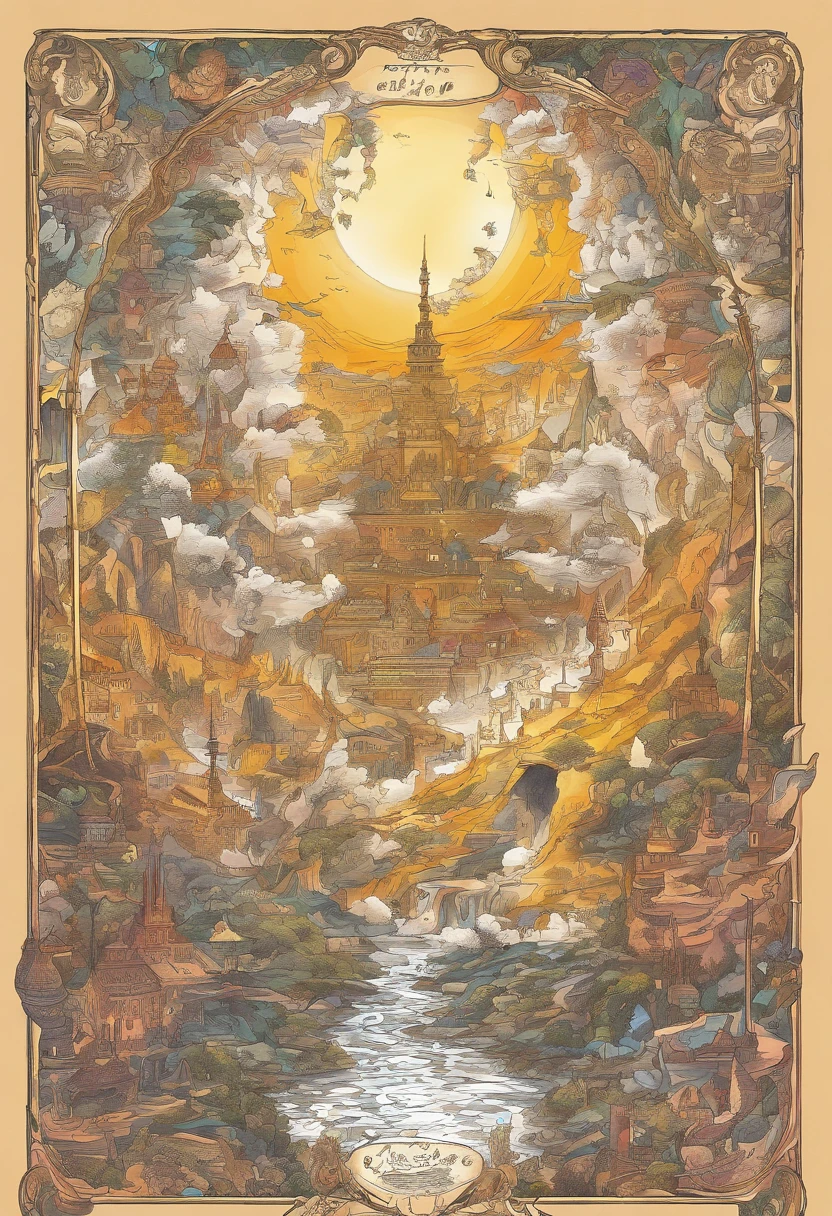Fantasy comic book style,A hot underground golden city,The abyss is 20 km in diameter,The abyss is 12,000 meters underground,Have beauty that is not part of this world, Extraordinary artifacts, And cursed, But there is no sun in the sky