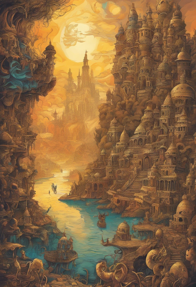 Fantasy comic book style,A hot underground golden city,The abyss is 20 km in diameter,The abyss is 12,000 meters underground,Have beauty that is not part of this world, Extraordinary artifacts, And cursed, But there is no sun in the sky