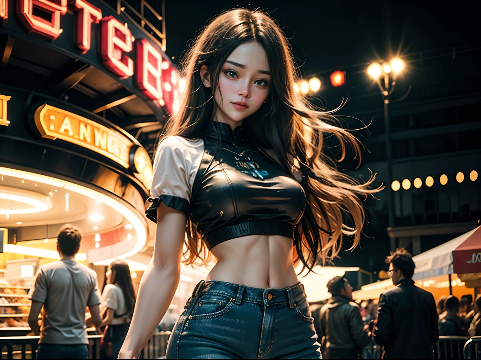Ultra realistic full body portrait of a very happy and beautiful woman stands outdoors at night, dressed in a cute colorful crop top and jeans. She has beautiful long hair, captivating eyes, and finely detailed facial features. She strikes a graceful pose with an amusement park glowing neon in the background, its lights creating a blurred, dreamy effect. In her hand, she holds a sweet piece of candy, the vibrant colors of which contrast with the darkness around her. This realistic portrayal captures every aspect of her beauty and the enchanting atmosphere of the amusement park at night, complete with her charming outfit and delightful treat. Photo taken by Ellen von Unwerth with a Canon EOS 5D Mark IV and a wide-angle lens. Award Winning Photography style, with a blend of Studio lighting and Colored gels, 8K, Ultra-HD, Super-Resolution.