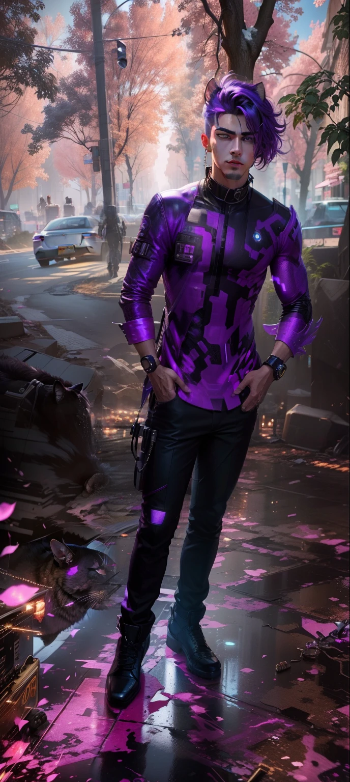 Change background cyberpunk handsome boy ultra realistic with cat, face, 8k, ultra realistic, hair color purple