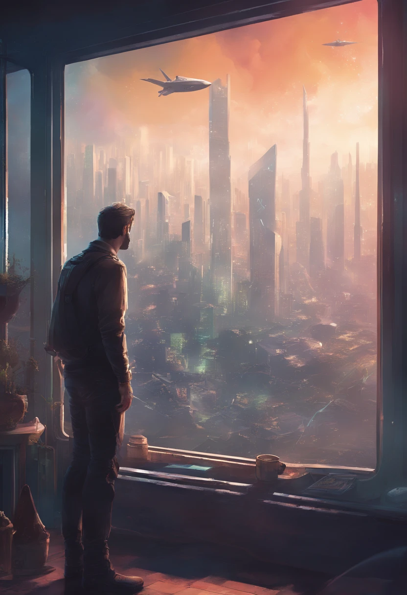 brewing coffee, Man looking out of the glass of a room a CITY in 2045 FOG, zoom out, Space ship, new world, color grading,