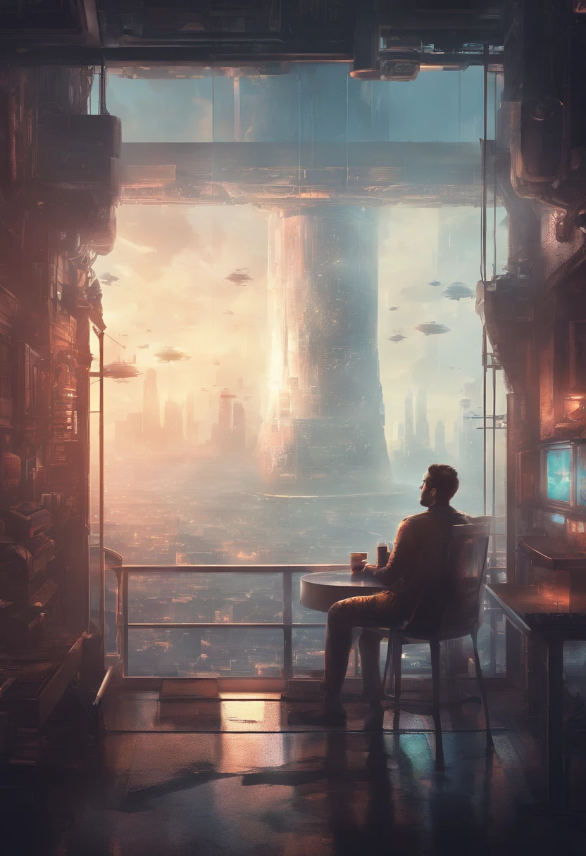 brewing coffee, Man looking out of the glass of a room a CITY in 2045 FOG, zoom out, Space ship, new world, color grading,