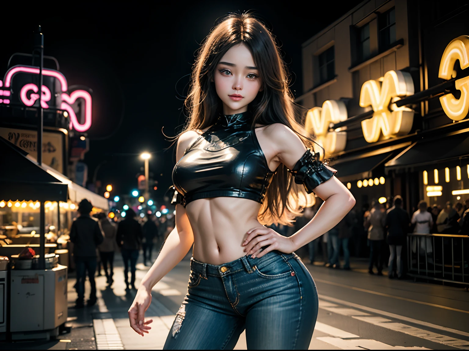 Ultra realistic full body portrait of a very happy and beautiful woman stands outdoors at night, dressed in a cute colorful crop top and jeans. She has beautiful long hair, captivating eyes, and finely detailed facial features. She strikes a graceful pose with an amusement park glowing neon in the background, its lights creating a blurred, dreamy effect. In her hand, she holds a sweet piece of candy, the vibrant colors of which contrast with the darkness around her. This realistic portrayal captures every aspect of her beauty and the enchanting atmosphere of the amusement park at night, complete with her charming outfit and delightful treat. Photo taken by Ellen von Unwerth with a Canon EOS 5D Mark IV and a wide-angle lens. Award Winning Photography style, with a blend of Studio lighting and Colored gels, 8K, Ultra-HD, Super-Resolution.