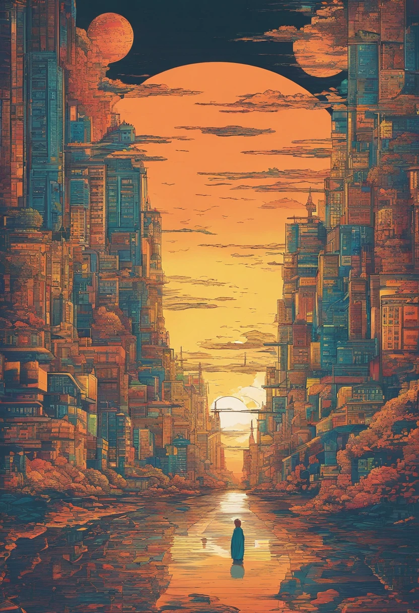 Fantasy comic book style，A hot underground golden city，The abyss is 20 km in diameter，12 kilometers underground in the abyss，Have a beauty that is not out of this world, Beyond common sense, And curses, But there is no sun in the sky