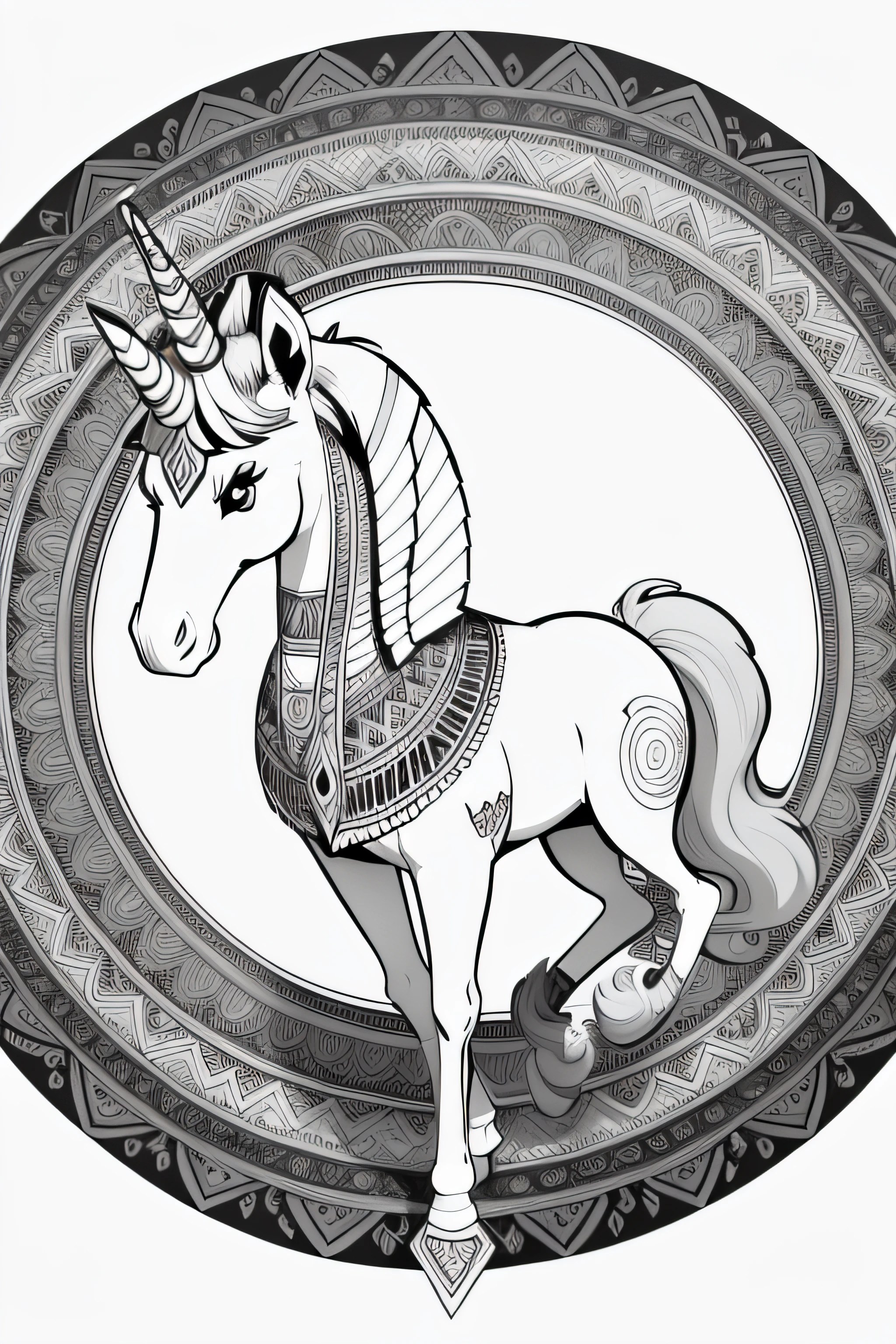 COLORING PAGE FOR ADULTS, MANDALA,UNICORNIO IMAGE EGYPTIAN UNICORNIO , WHITE BACKGROUND, CLEAN LINE ART, FINE LINE ART --HD--AR 2:3 8K