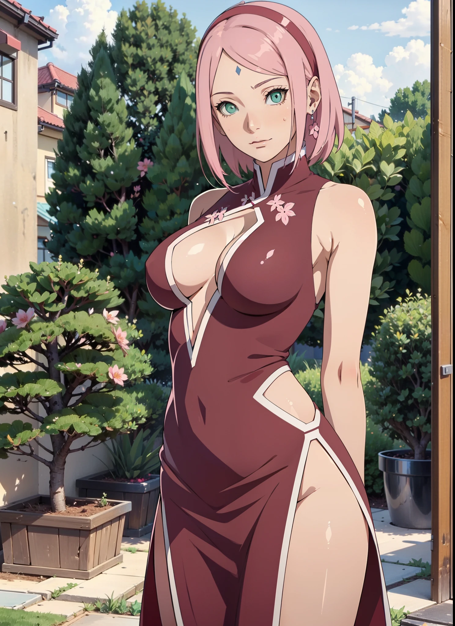 女の子1人,sexy body,perfect body,sehr enge kleidung,zeigt viel haut,sexy kleidung,,Breasts peep out,stehend im garten,nahaufnahme,arms behind back,sakura haruno,rotes Harrband