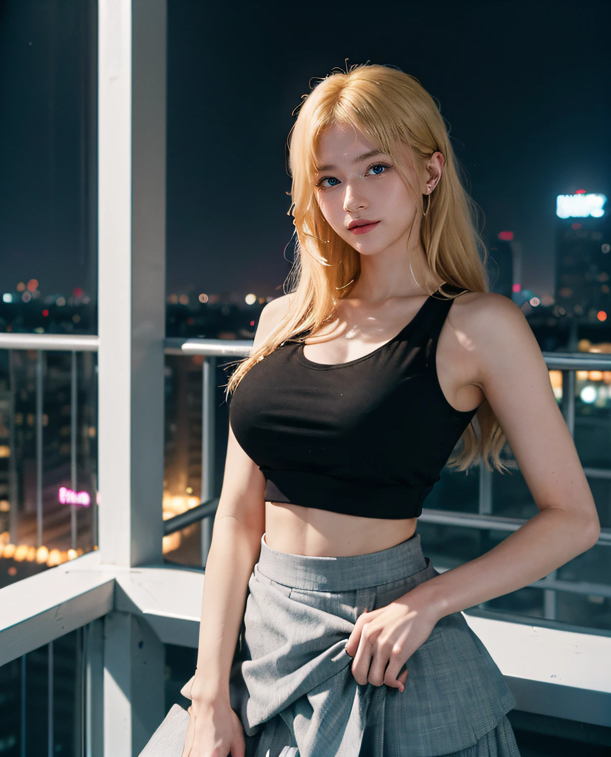 Super Resolution, (Realism: 1.3), 1 (Slim: 1.2) Girl, Solo, Looking at the Audience, League of Legends, Beaver, KDA Beaver, Blonde Hair, Fox Ears, Fox Tail, Clothes Wrapped Top, Blue Long and Short Skirt, White Long Skirt, Laser Sense, Super Perfect Face, Perfect Eyes, Pretty Face, Crystal Tail, Lots of Tails, Perfect Eyes, Multi-layer Texture, Albedo and Highlight Maps, Surface Coloring, Two-color Light, Large Aperture, Low ISO, White Balance