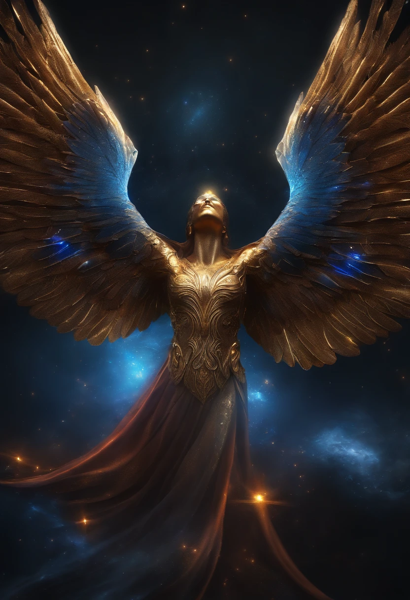 Cosmic Fallen Angel, Ojos claros y brillantes, biomech, misterioso, horripilante, Pesadilla, colores muy brillantes, light particles, con luz brillante, Mshiff, Arte de papel pintado, Fondo de pantalla UHD