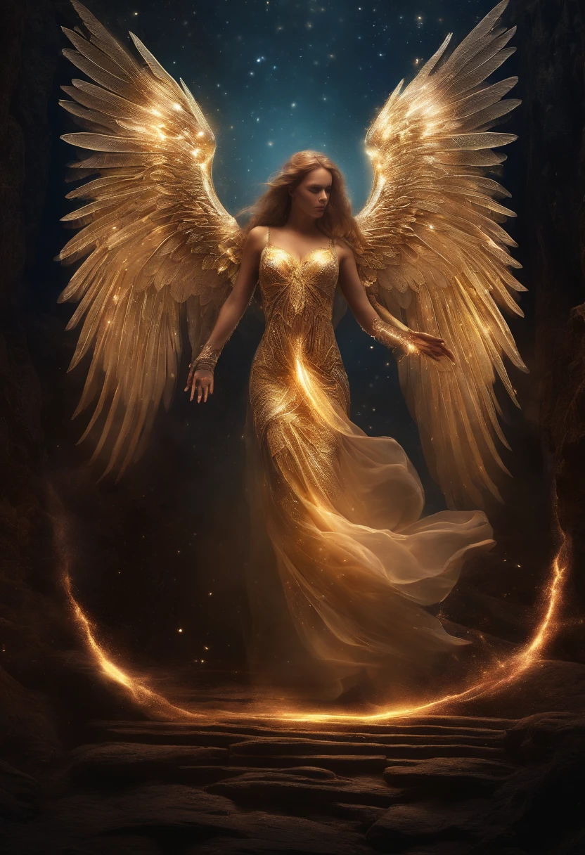 Cosmic Fallen Angel, Ojos claros y brillantes, biomech, misterioso, horripilante, Pesadilla, colores muy brillantes, light particles, con luz brillante, Mshiff, Arte de papel pintado, Fondo de pantalla UHD