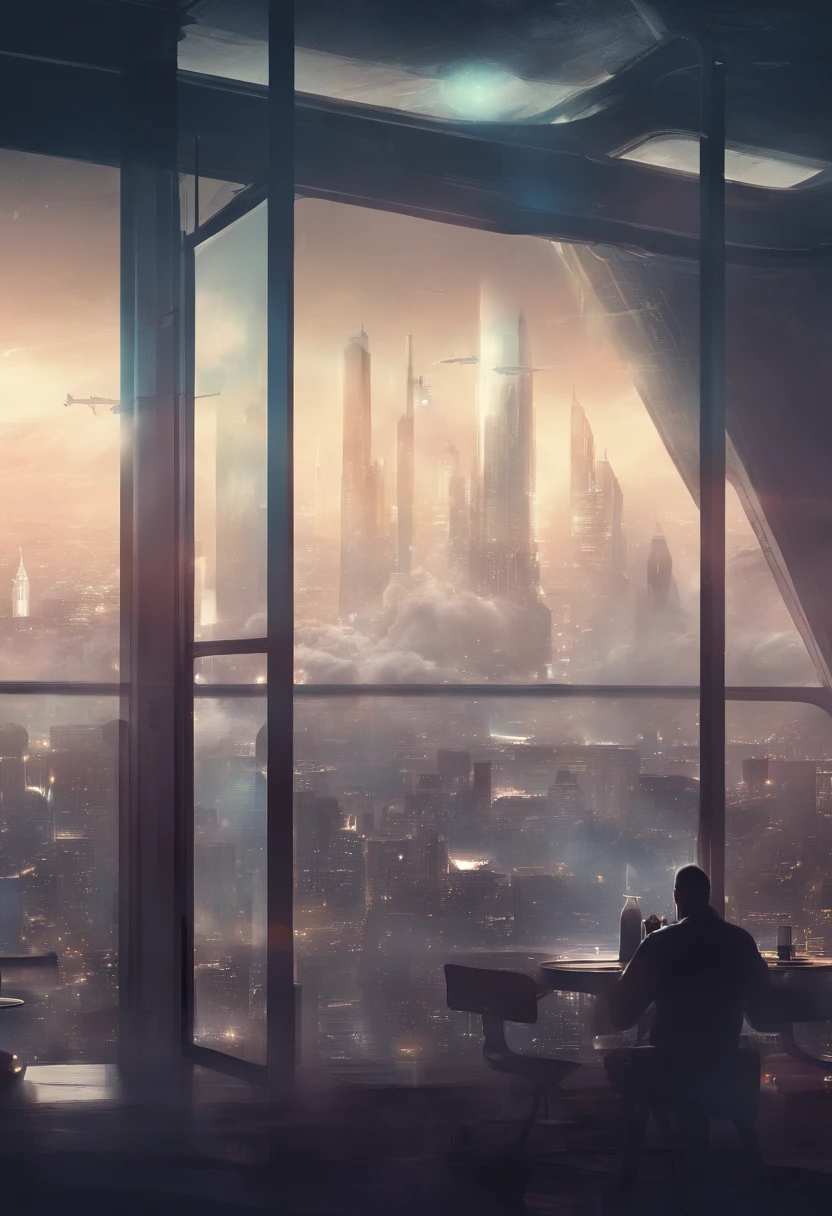 brewing coffee, Man looking out of the glass of a room a CITY in 2045 FOG, zoom out, Space ship, new world, color grading,