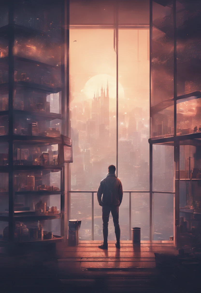 brewing coffee, Man looking out of the glass of a room a CITY in 2045 FOG, zoom out, Space ship, new world, color grading,