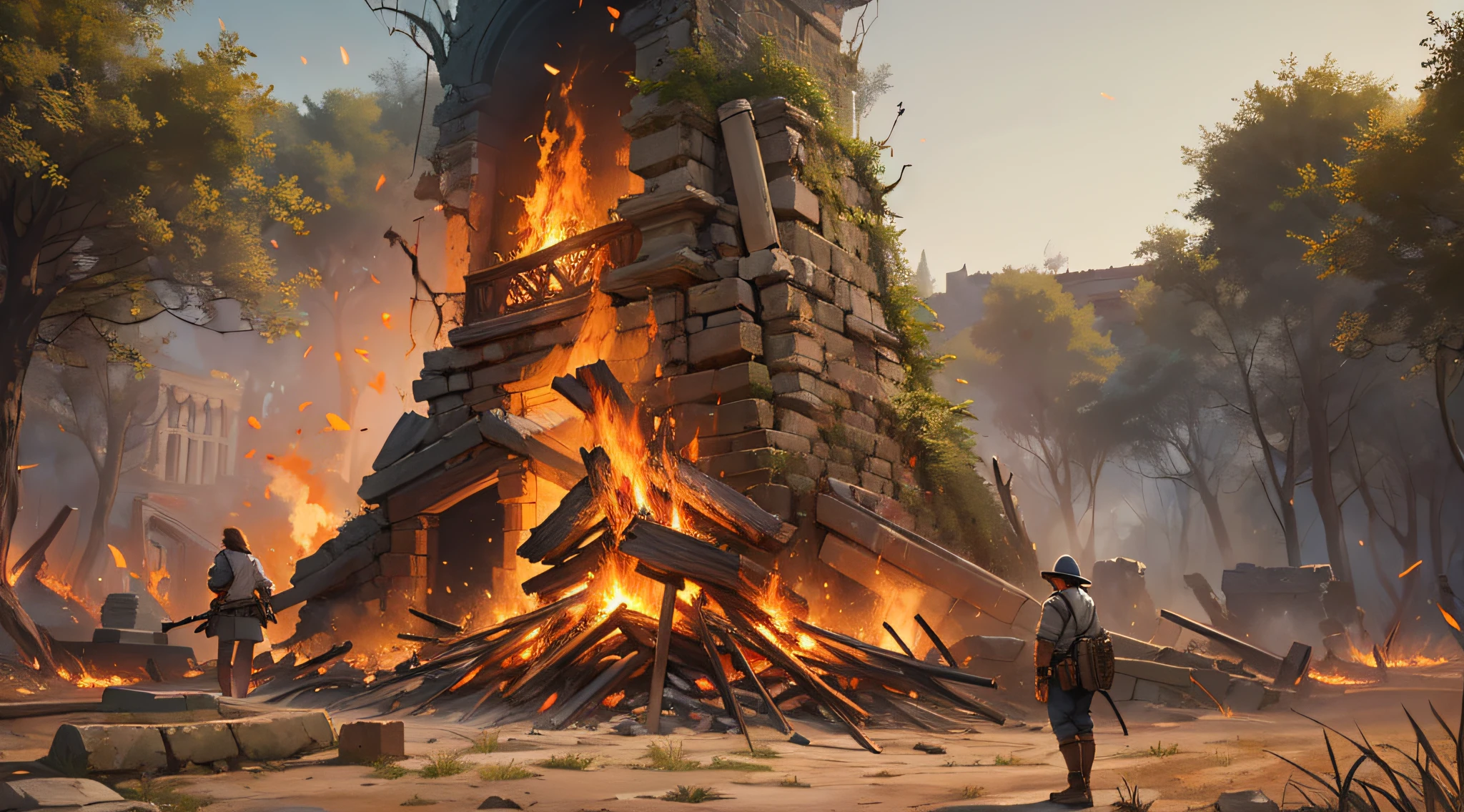 large bonfire three meters high, retrato fotorrealista, 4k resolution. Background Story: Epic battlefield with ancient ruins.,UHD 32k, melhor qualidade, master part, Super Detalhe, Detalhes altos, Bible, Bible Stories,