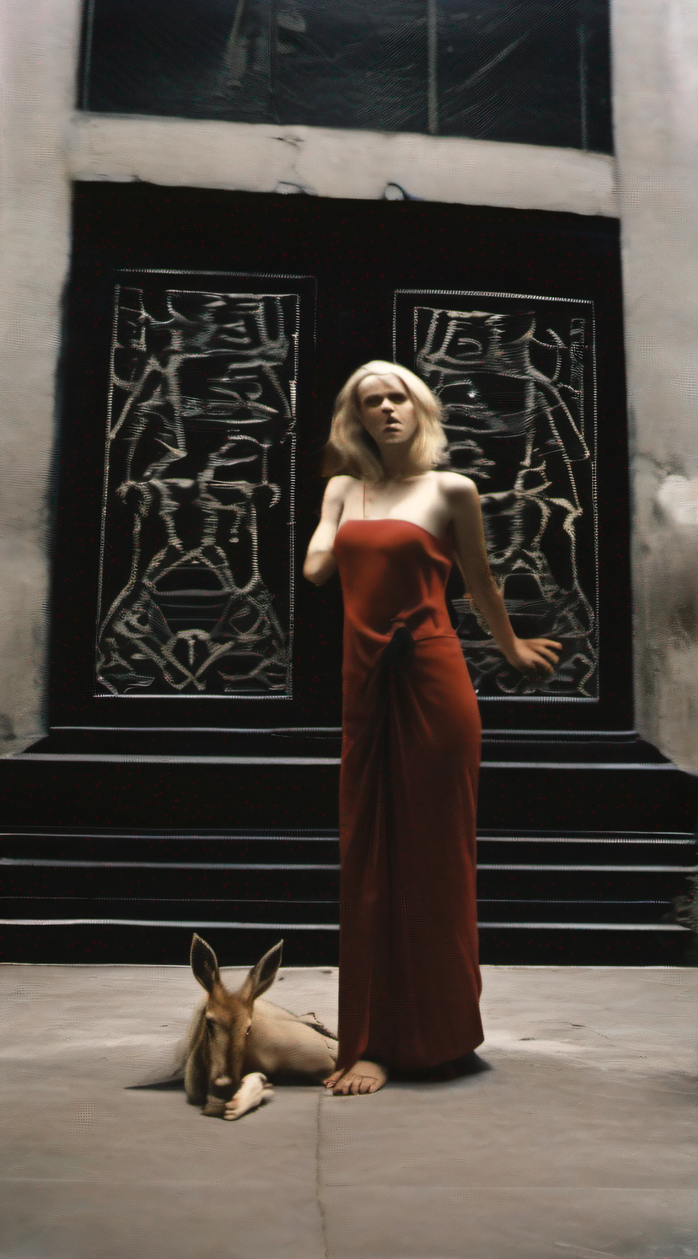 "(The best lighting, alto contraste, oscuro, dramatic),(Chica rubia junto a una cabra negra gigante, Open the rib cage, autopsia, caldero con huesos humanos, sangre por las paredes). Luz Caravaggio"
