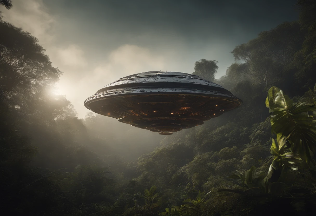 a small spaceship stranded on a jungle in an alien planet