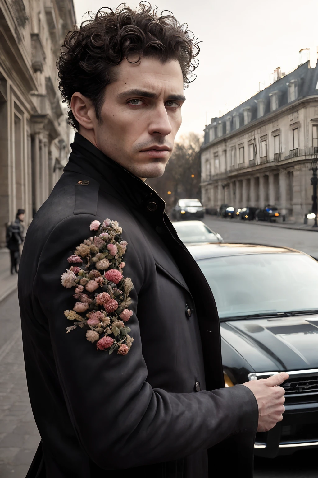 corps entier, Photo photo Wide angle close-up portrait of the body of a handsome man , Grand et en forme, (40 ans:1.1), (shaven:1.2) , (curly short brown hair:1.2). Dark brown tight velvet suit, (La veste a des motifs de fleurs noires:1.2). (posing outside the mansion with a luxury car:1.1), crowded street with cafes in the distance, Cold and dark sunset at dusk, (Edge Light:1.1),(Concentrez-vous sur les yeux), (angry look), (hard light on the skin:1.2), (ombres dures, dark themed, Contraste profond:1.1), (photographie de portrait par Annie Liebovitz), Dark mint theme and choral aesthetics, (skin imperfections)