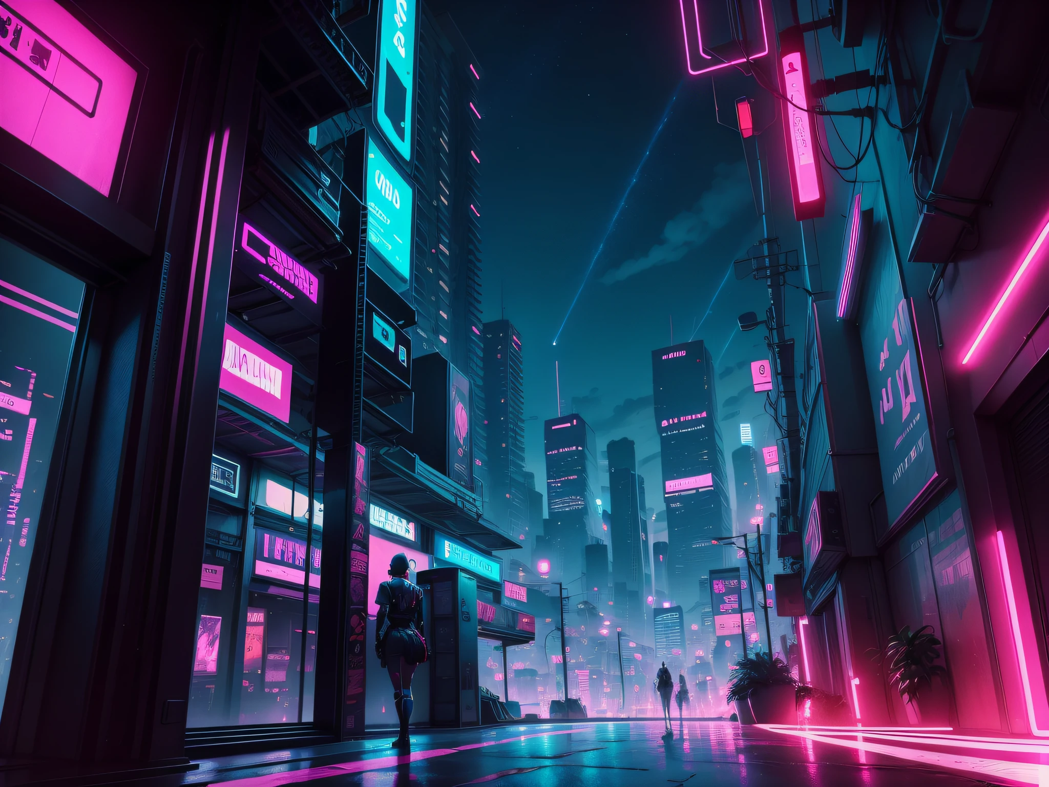 cidade cyberpunk neon, luzes neon, vista ampliada, noite, estilo cyberpunk, anime