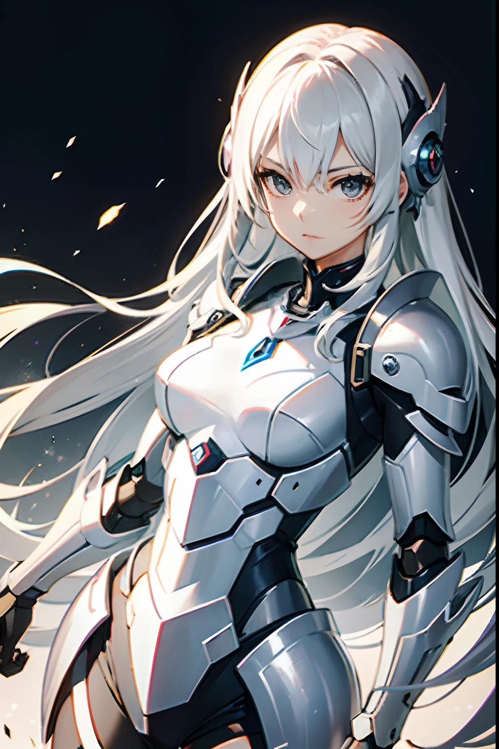 upper body of beautiful girl, wear mecha armor, silver hair and black eyes