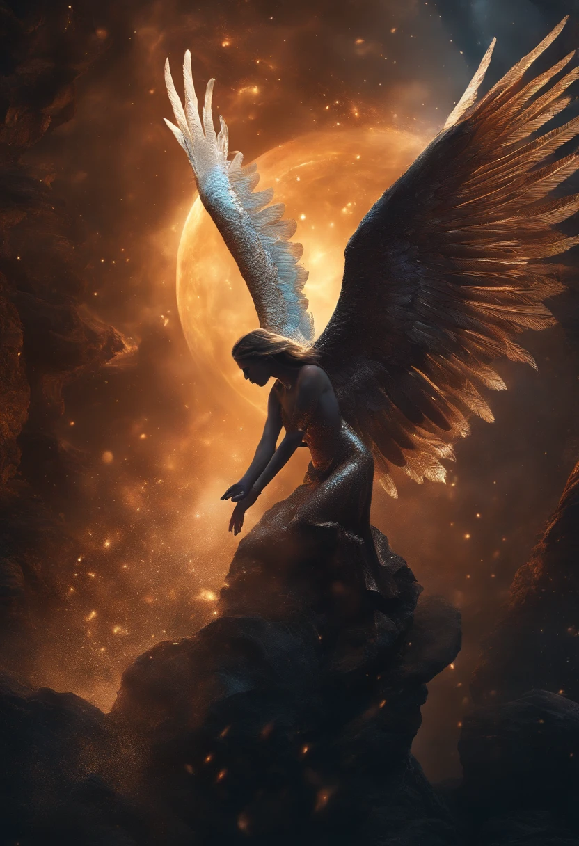 Cosmic Fallen Angel FLYING, Ojos claros y brillantes, biomech, misterioso, horripilante, Pesadilla, colores muy brillantes, light particles, con luz brillante, Mshiff, Arte de papel pintado, Fondo de pantalla UHD
